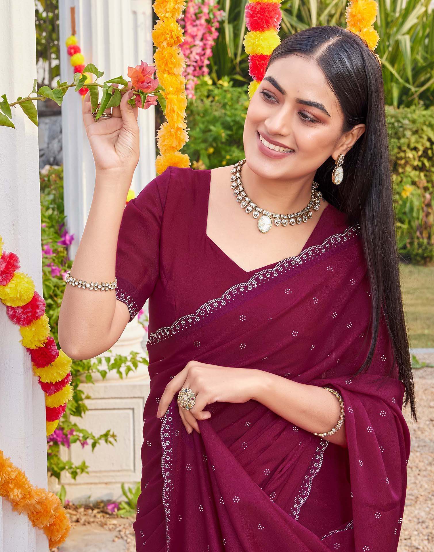 Rani Pink Shimmer Stone Work Swarovski Saree