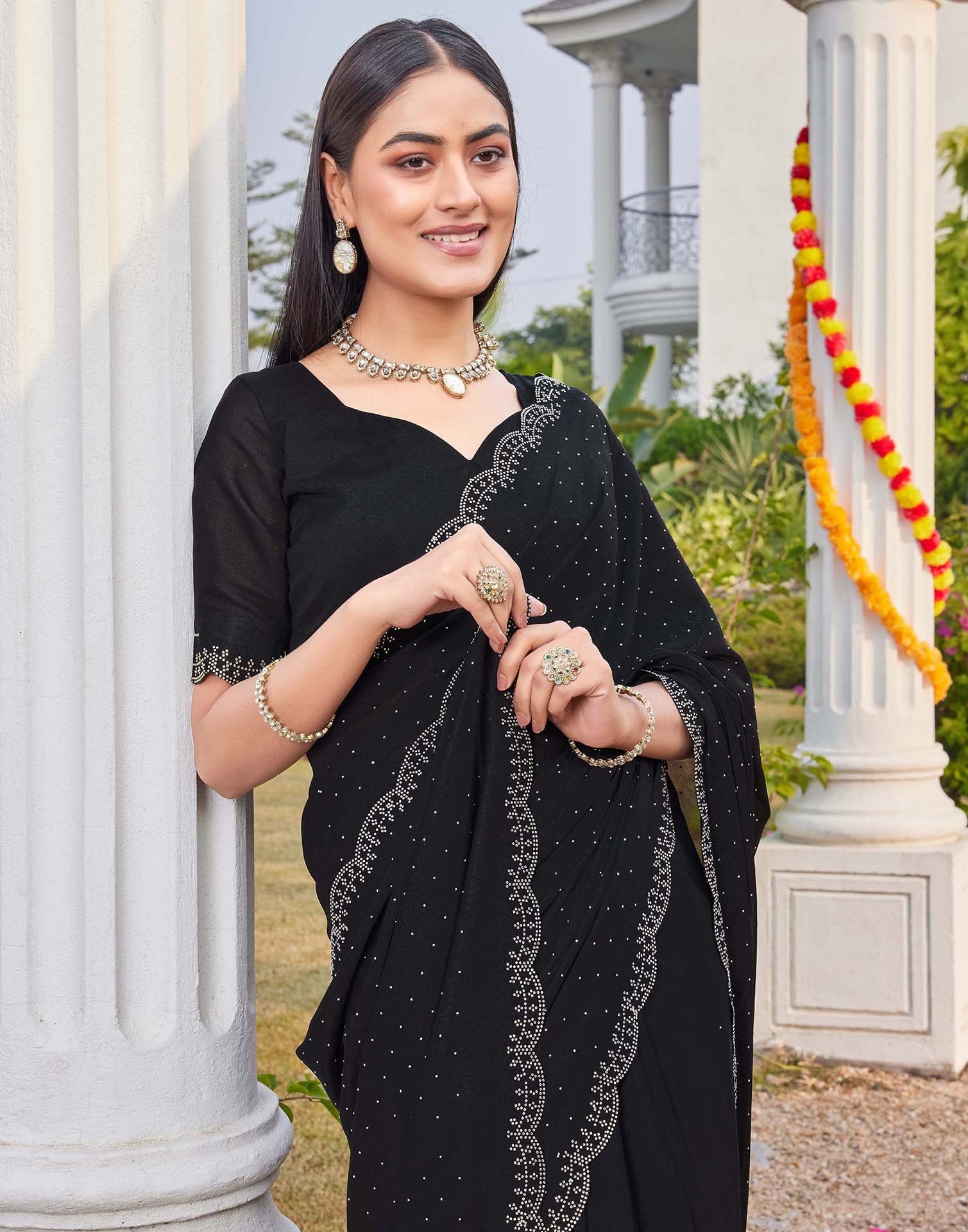 Black Georgette Stone Work Swarovski Saree