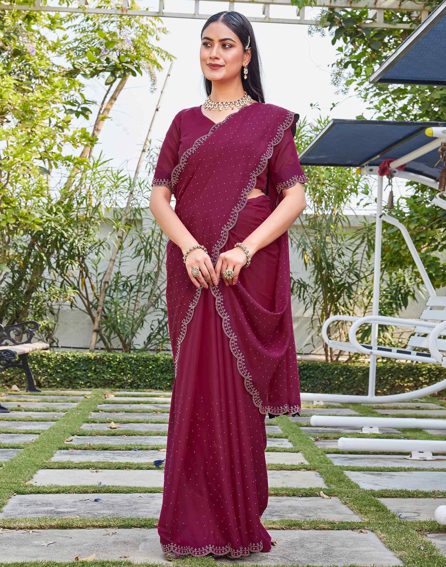 Rani Pink Georgette Stone Work Swarovski Saree