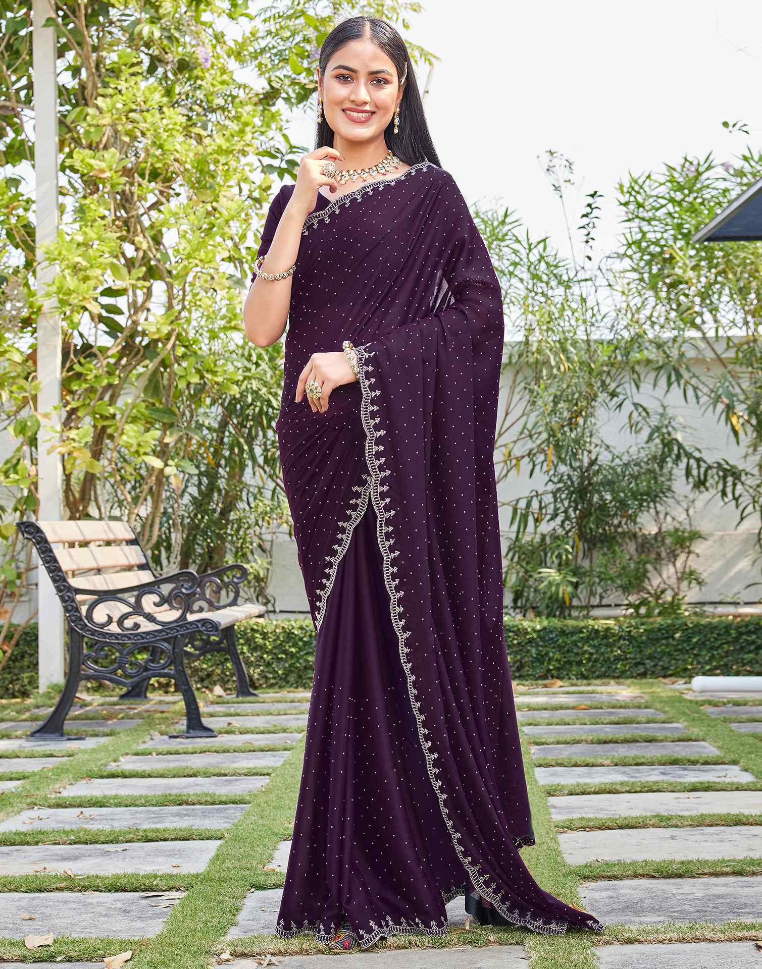 Dark Wine Georgette Stone Work Swarovski Saree