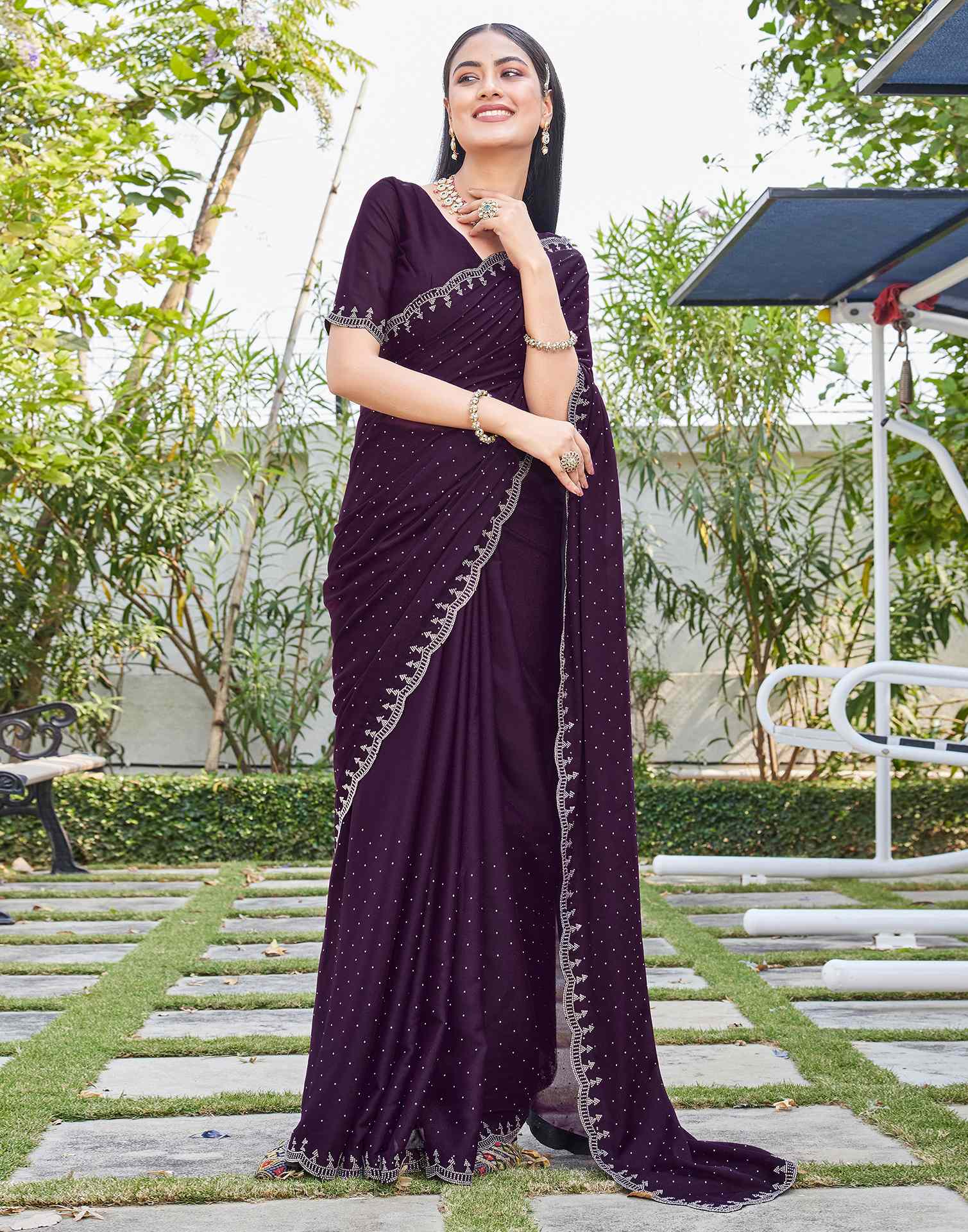 Dark Wine Georgette Stone Work Swarovski Saree