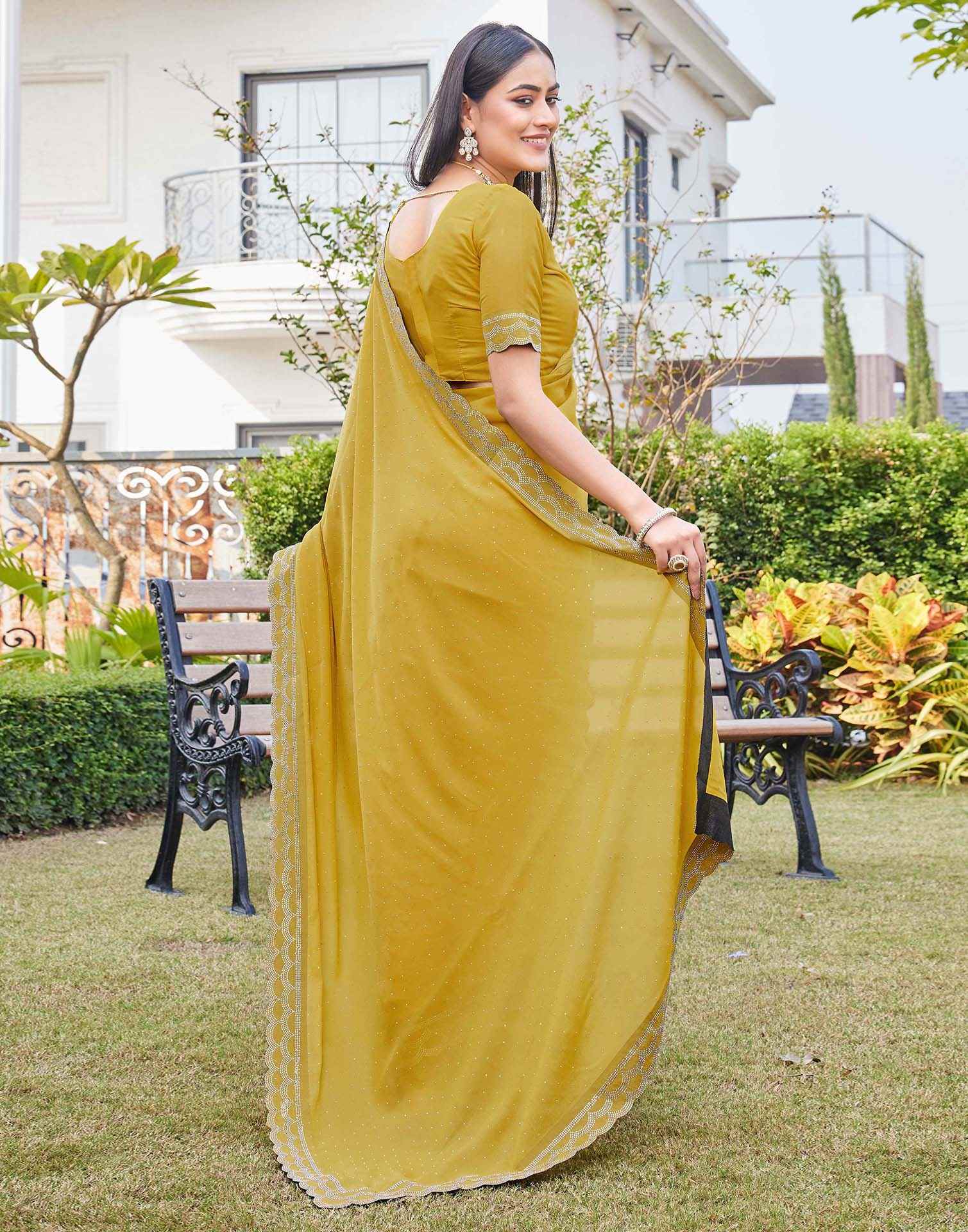 Yellow Shimmer Stone Work Swarovski Saree