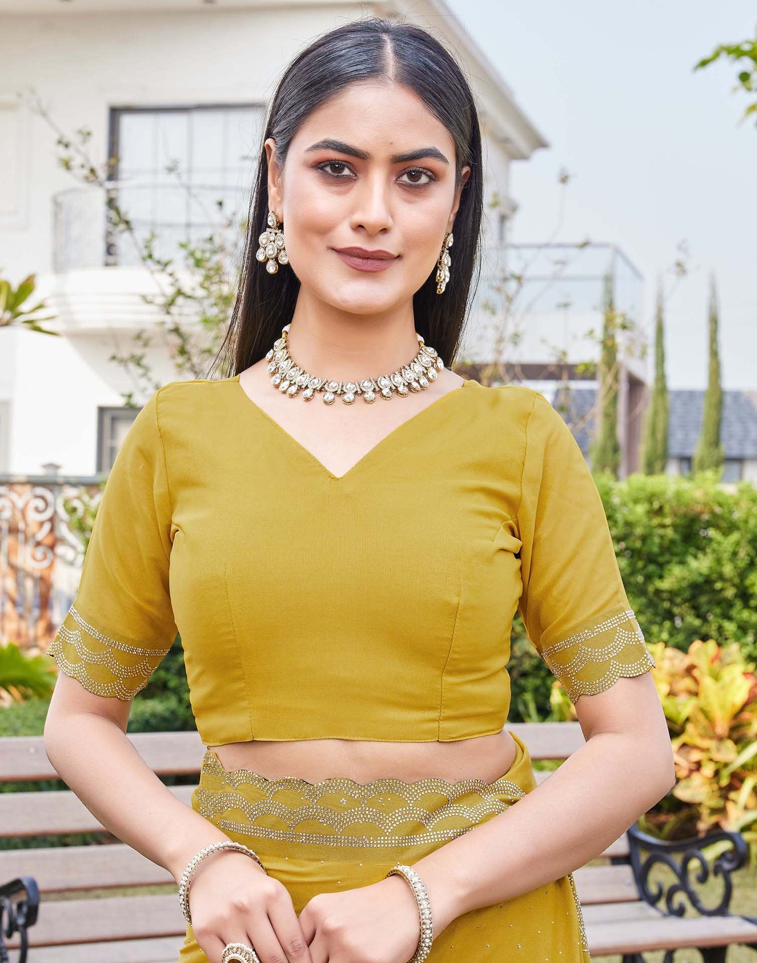 Yellow Shimmer Stone Work Swarovski Saree