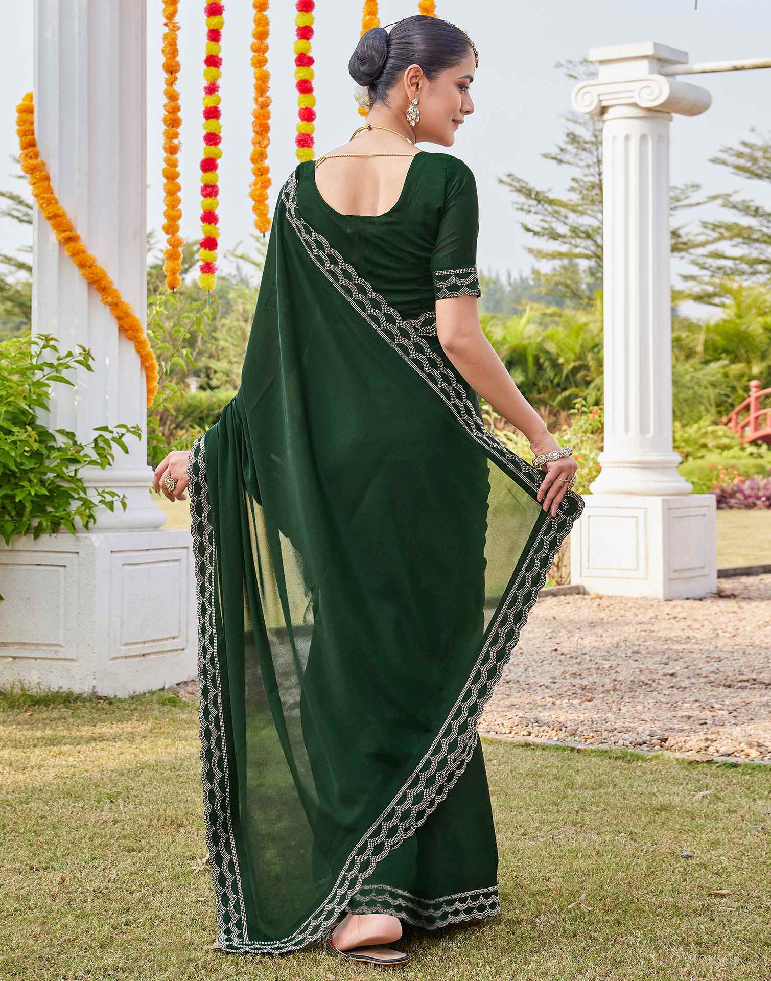 Bottle Green Shimmer Stone Work Embellished Saree