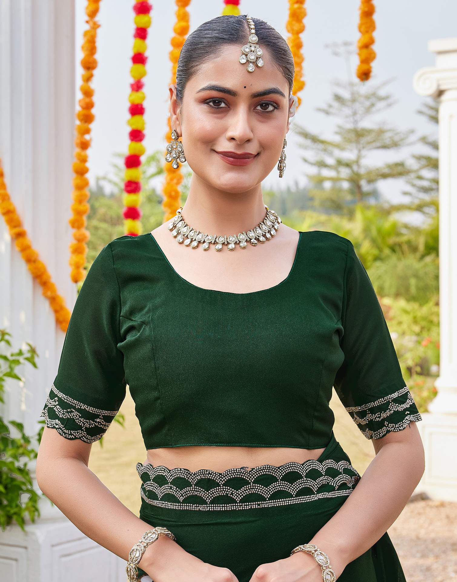 Bottle Green Shimmer Stone Work Embellished Saree