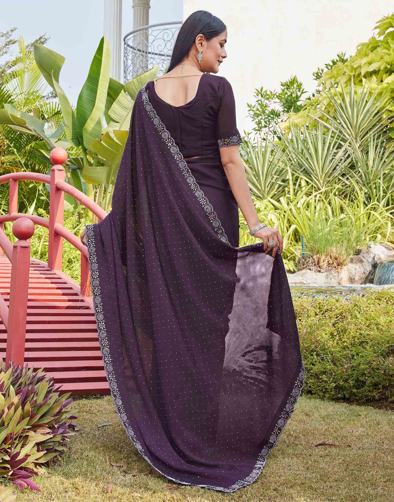 Purple Shimmer Stone Work Swarovski Saree