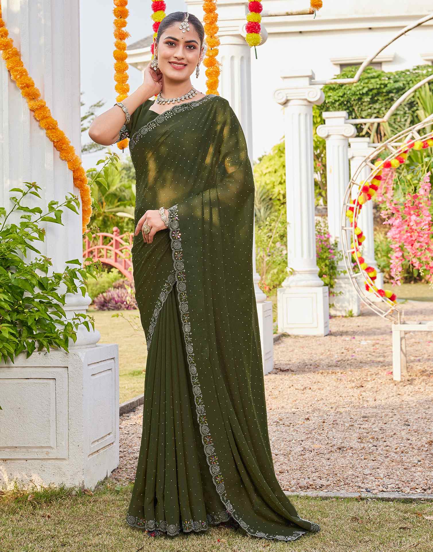 Olive Green Shimmer Stone Work Swarovski Saree
