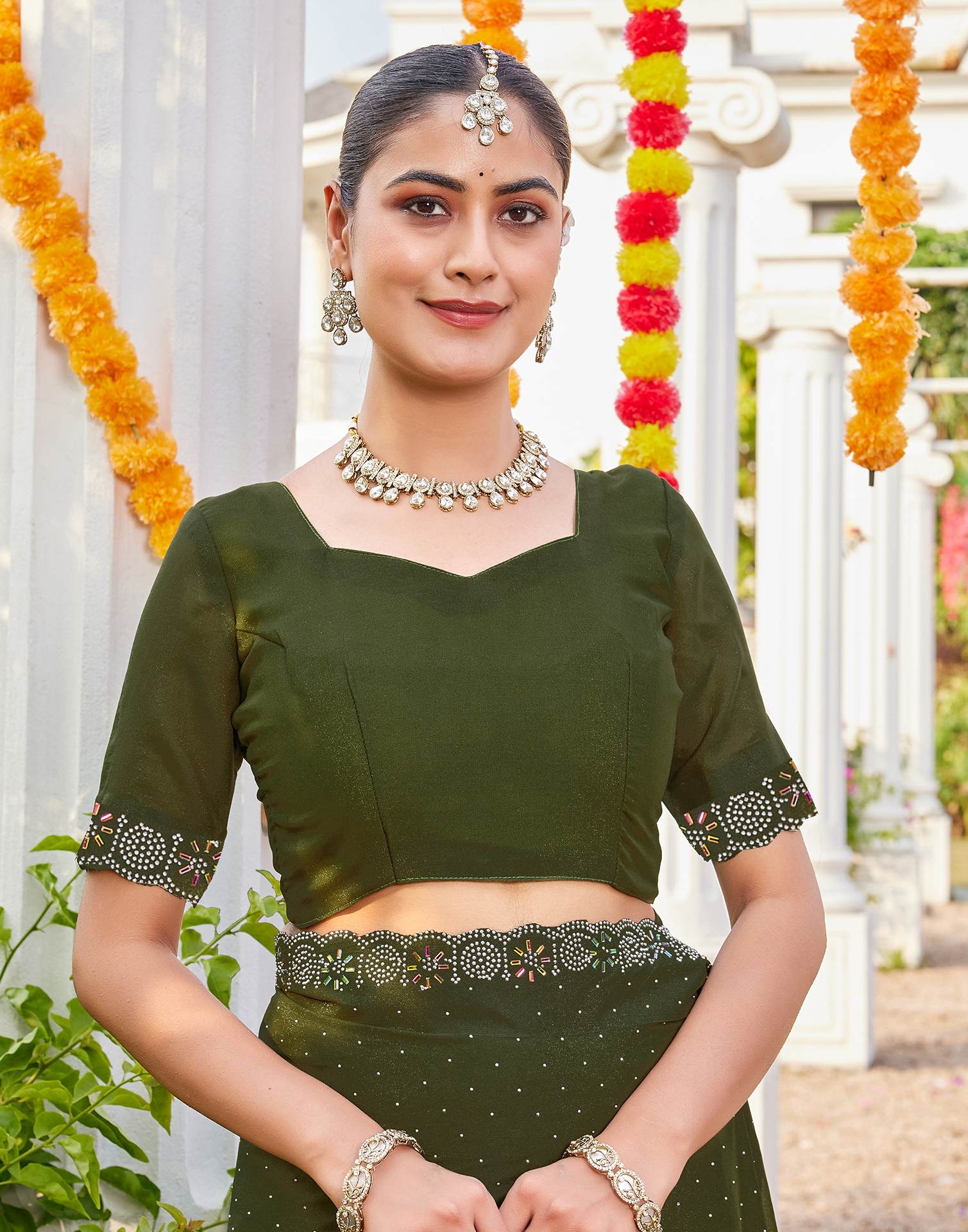 Olive Green Shimmer Stone Work Swarovski Saree