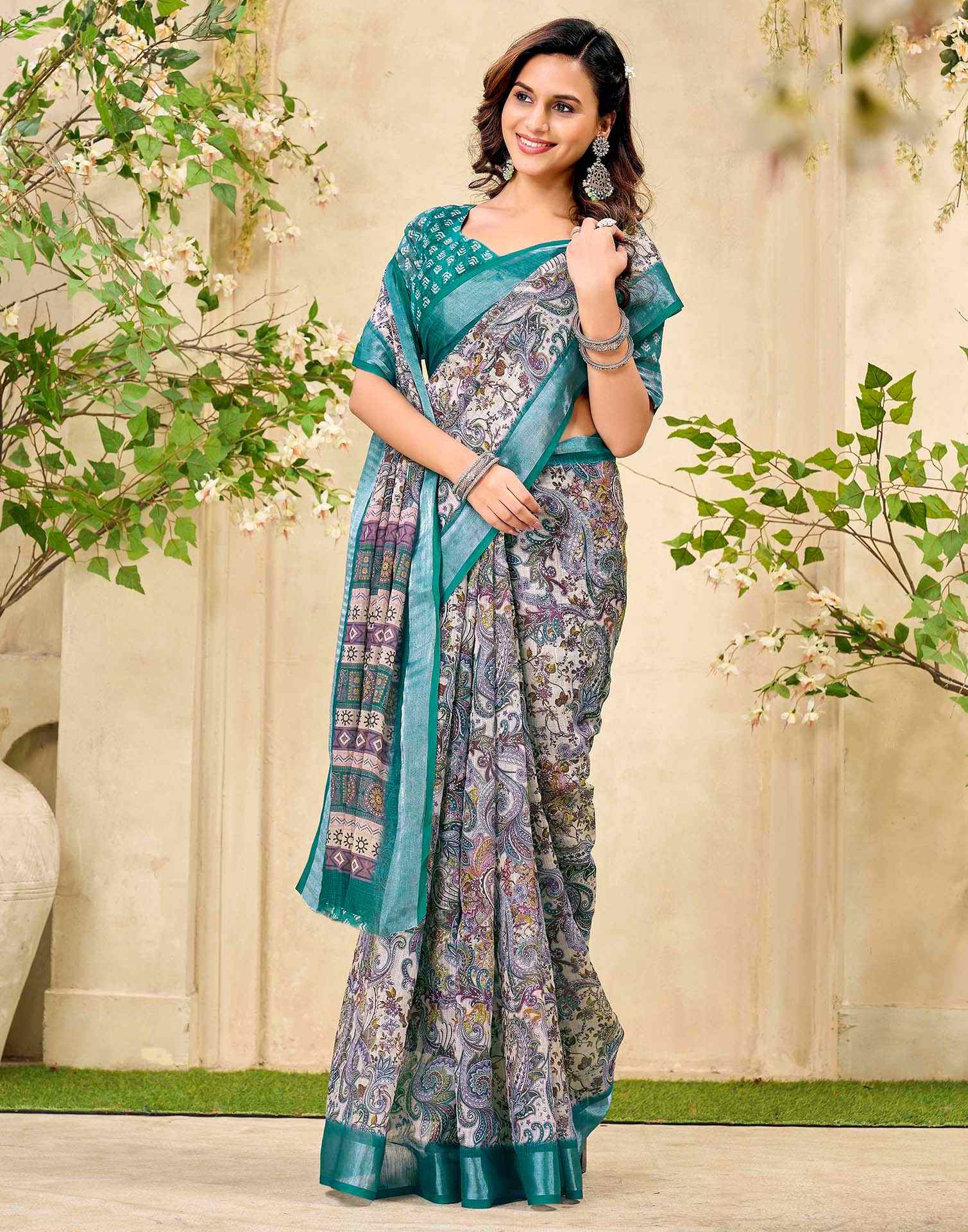 Beige Cotton Printed Saree