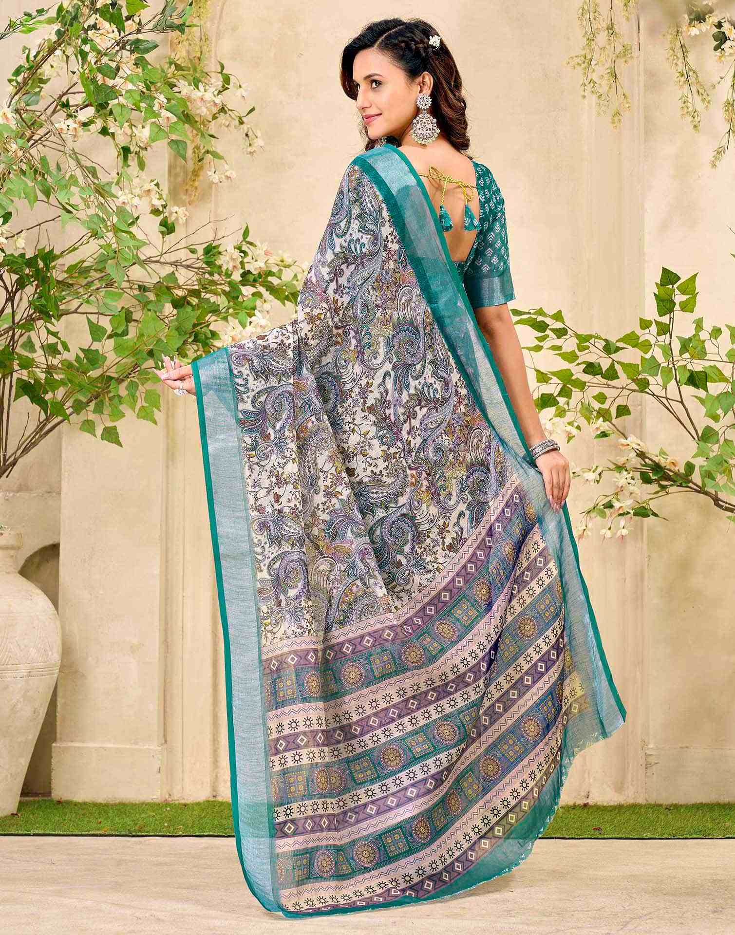 Beige Cotton Printed Saree