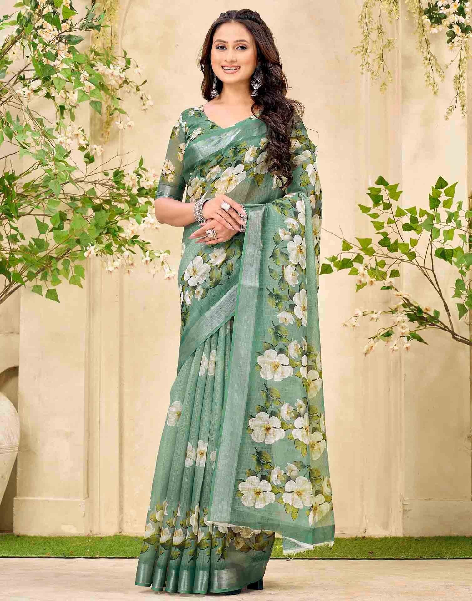 Sage Green Cotton Floral Printed Saree