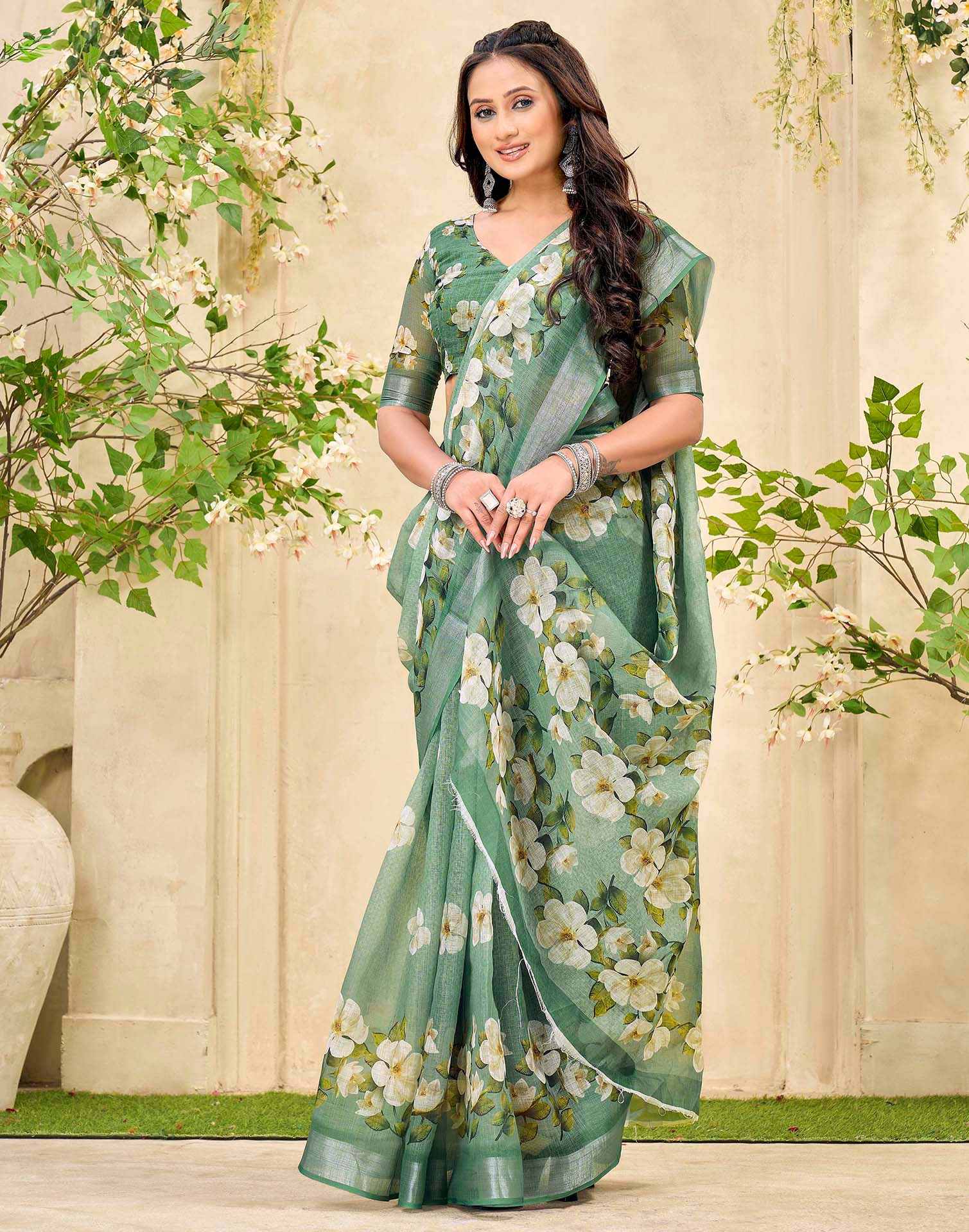 Sage Green Cotton Floral Printed Saree