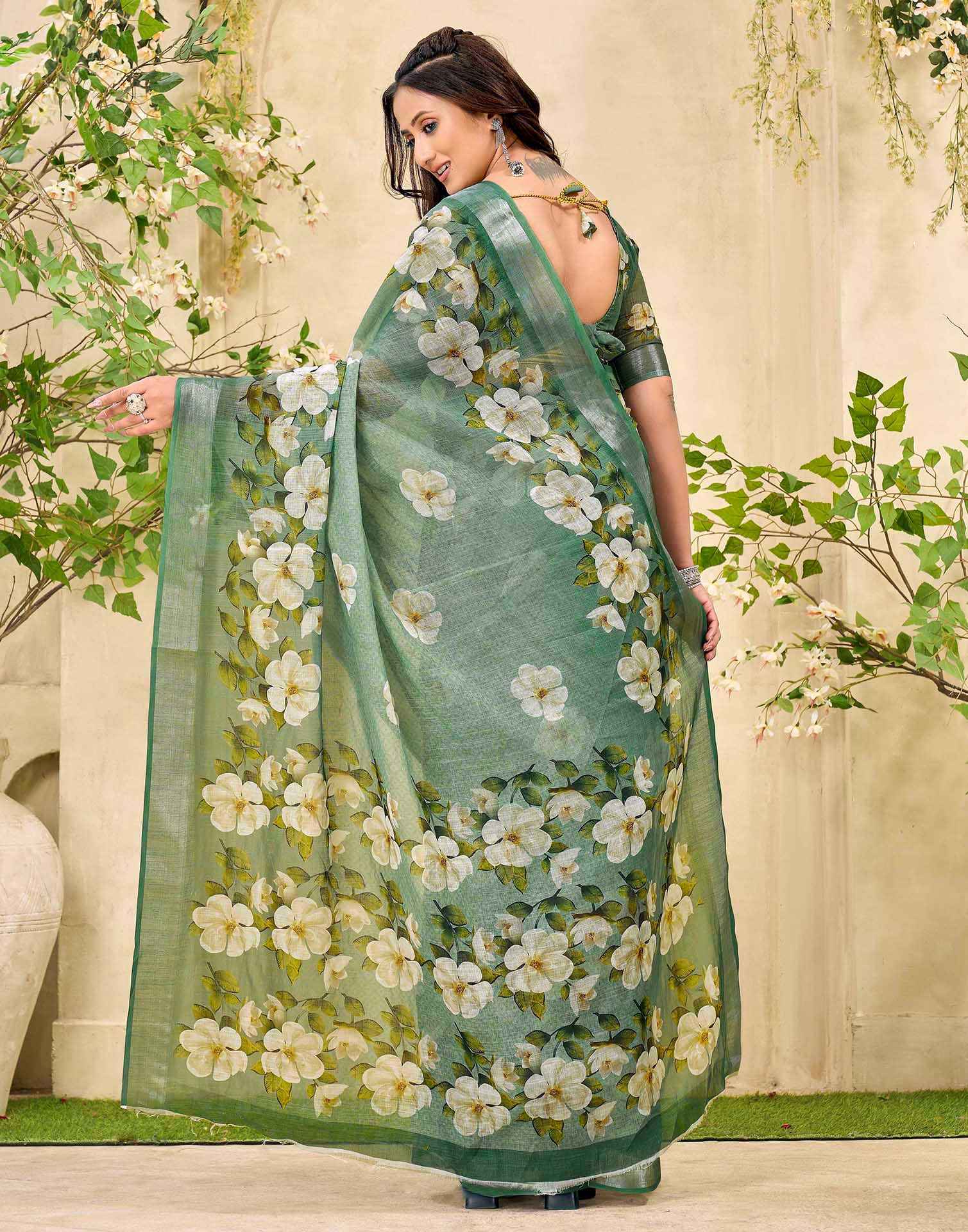 Sage Green Cotton Floral Printed Saree
