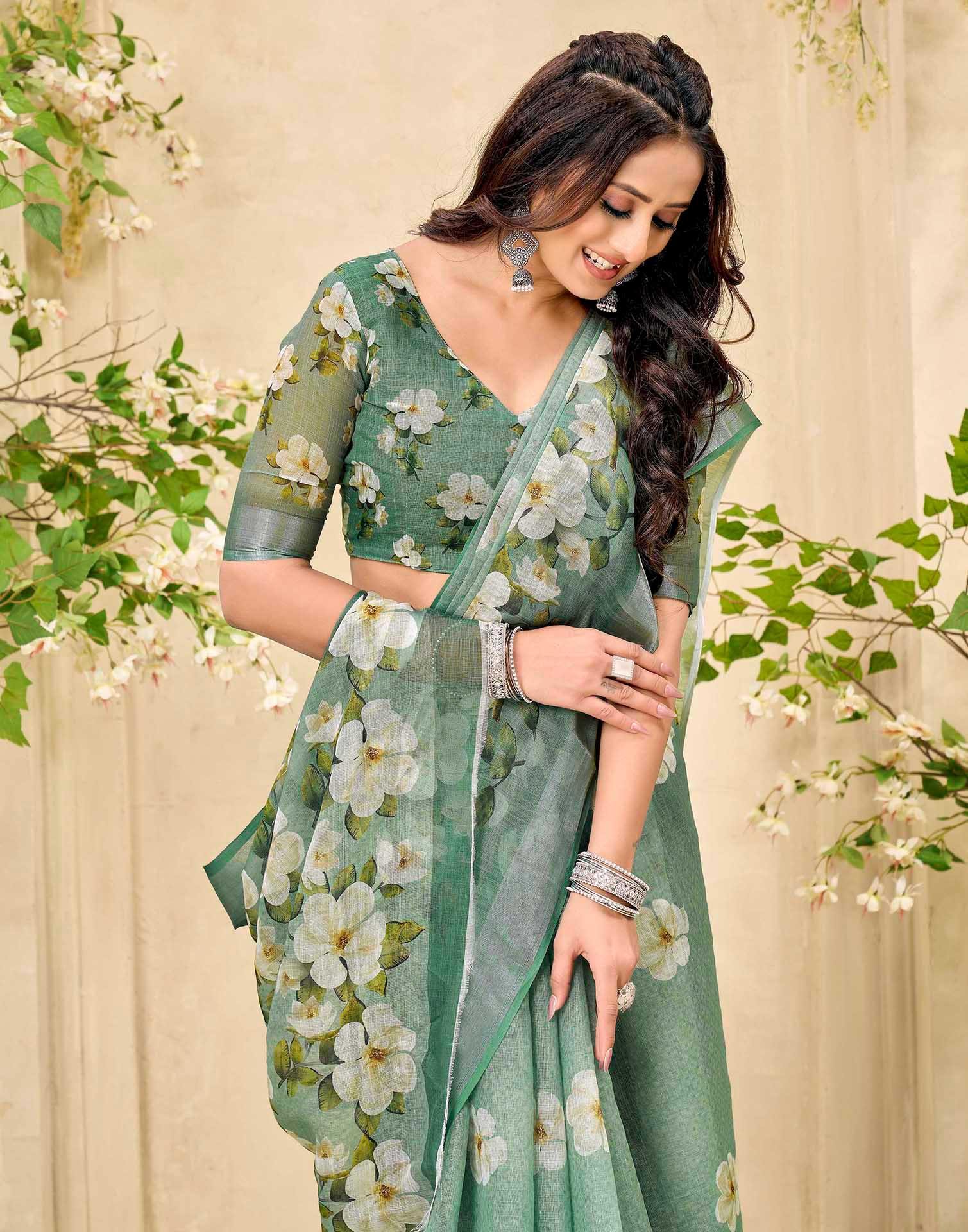 Sage Green Cotton Floral Printed Saree