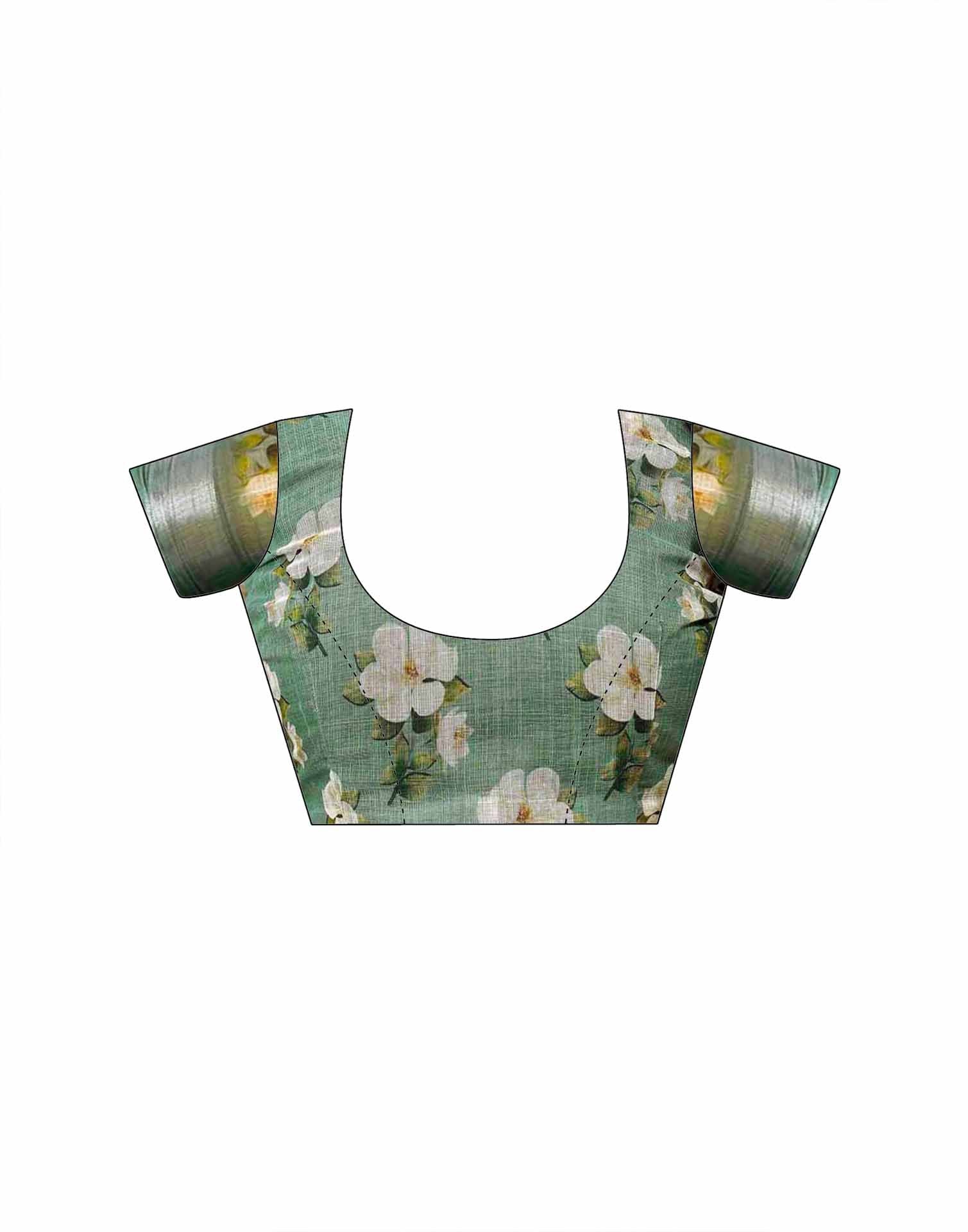 Sage Green Cotton Floral Printed Saree