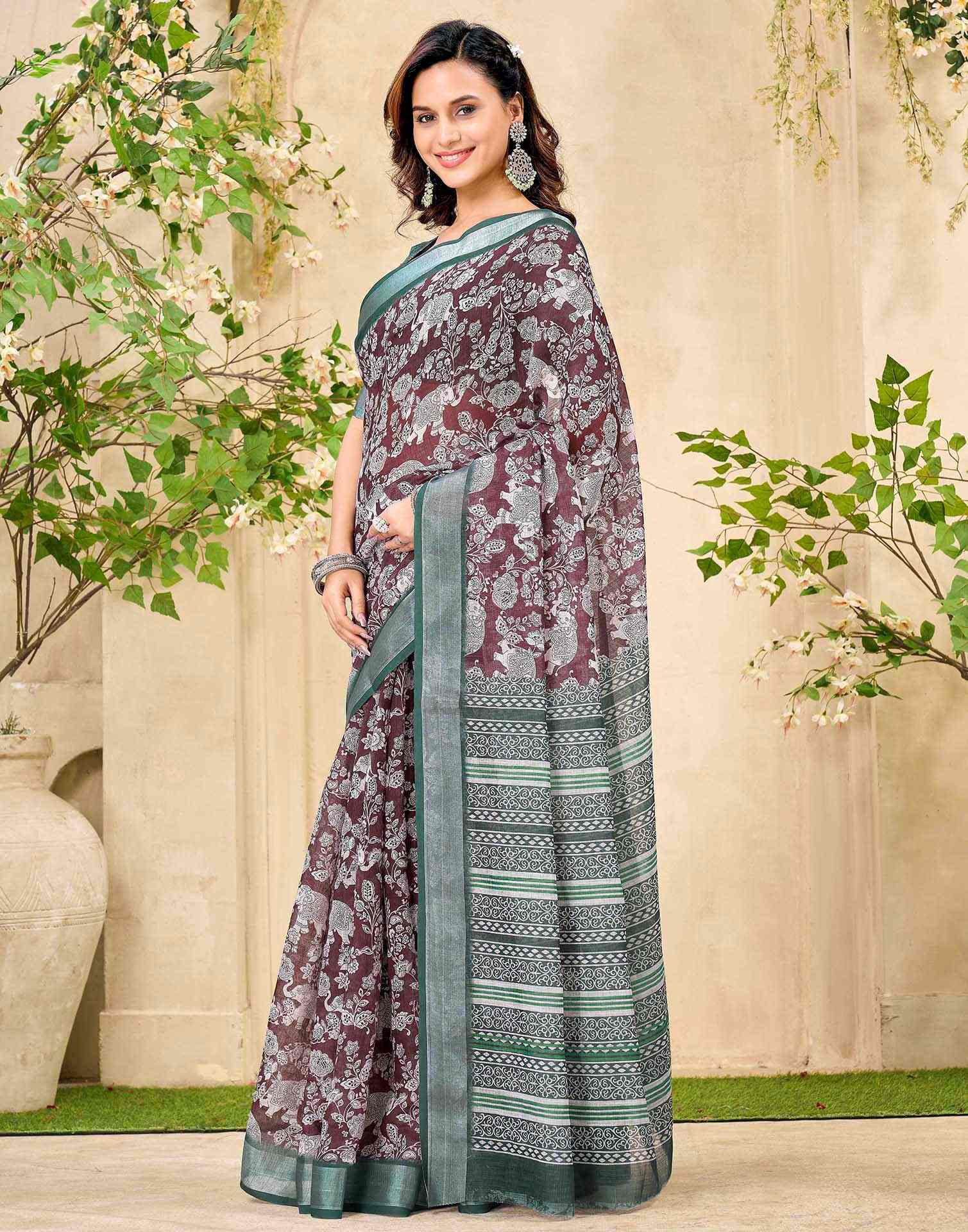 Brown Cotton Floral Printed Saree