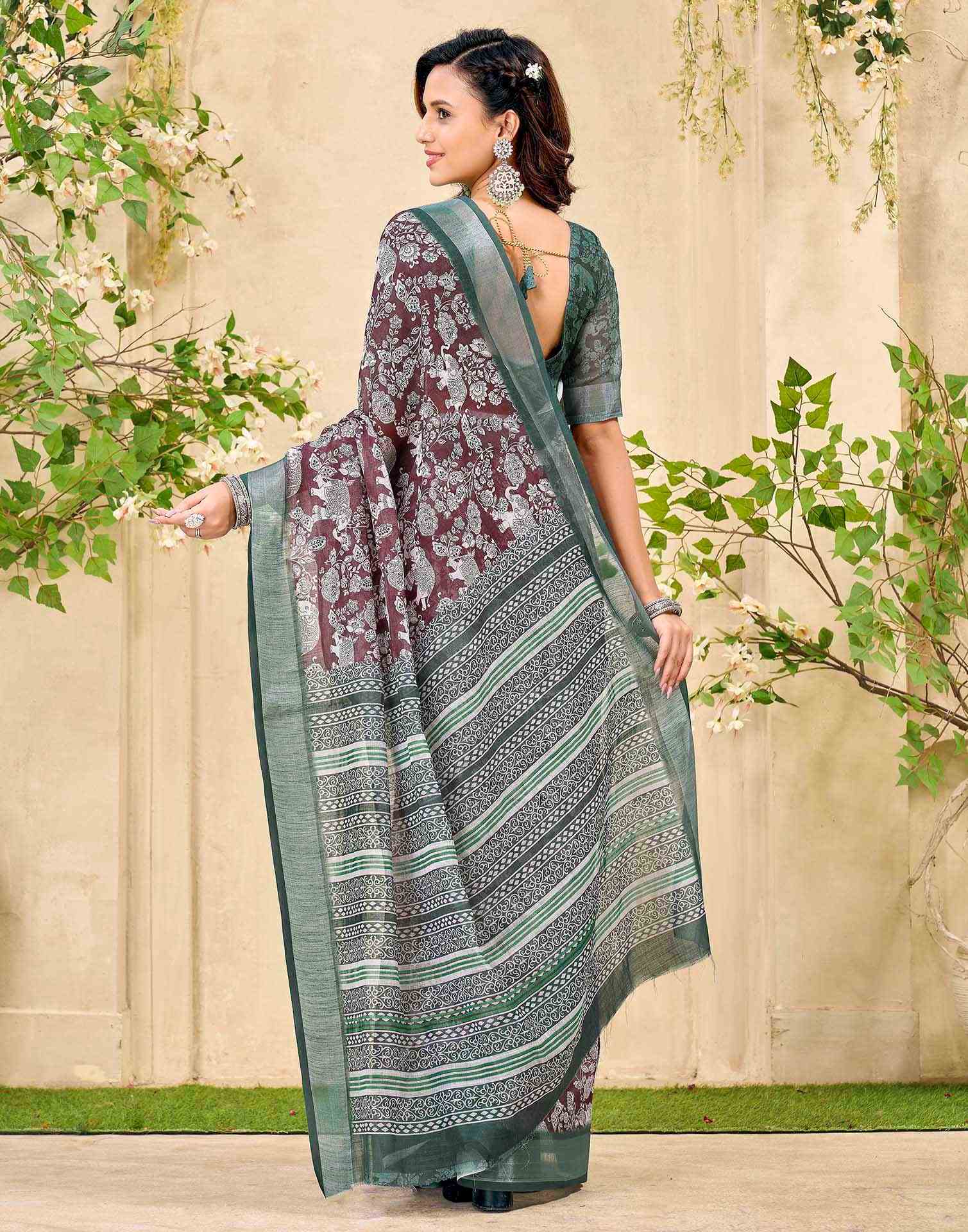 Brown Cotton Floral Printed Saree