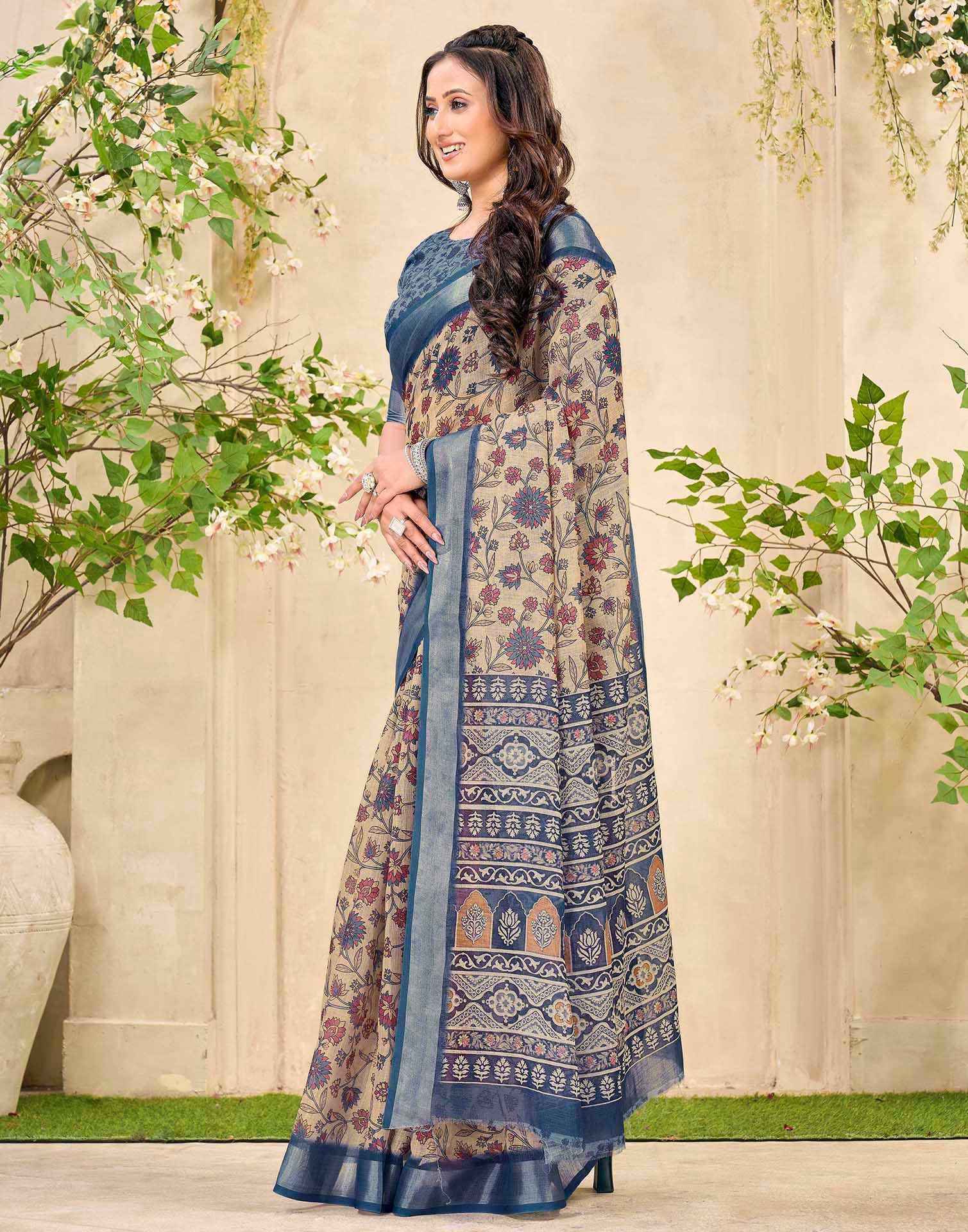 Beige Cotton Floral Printed Saree