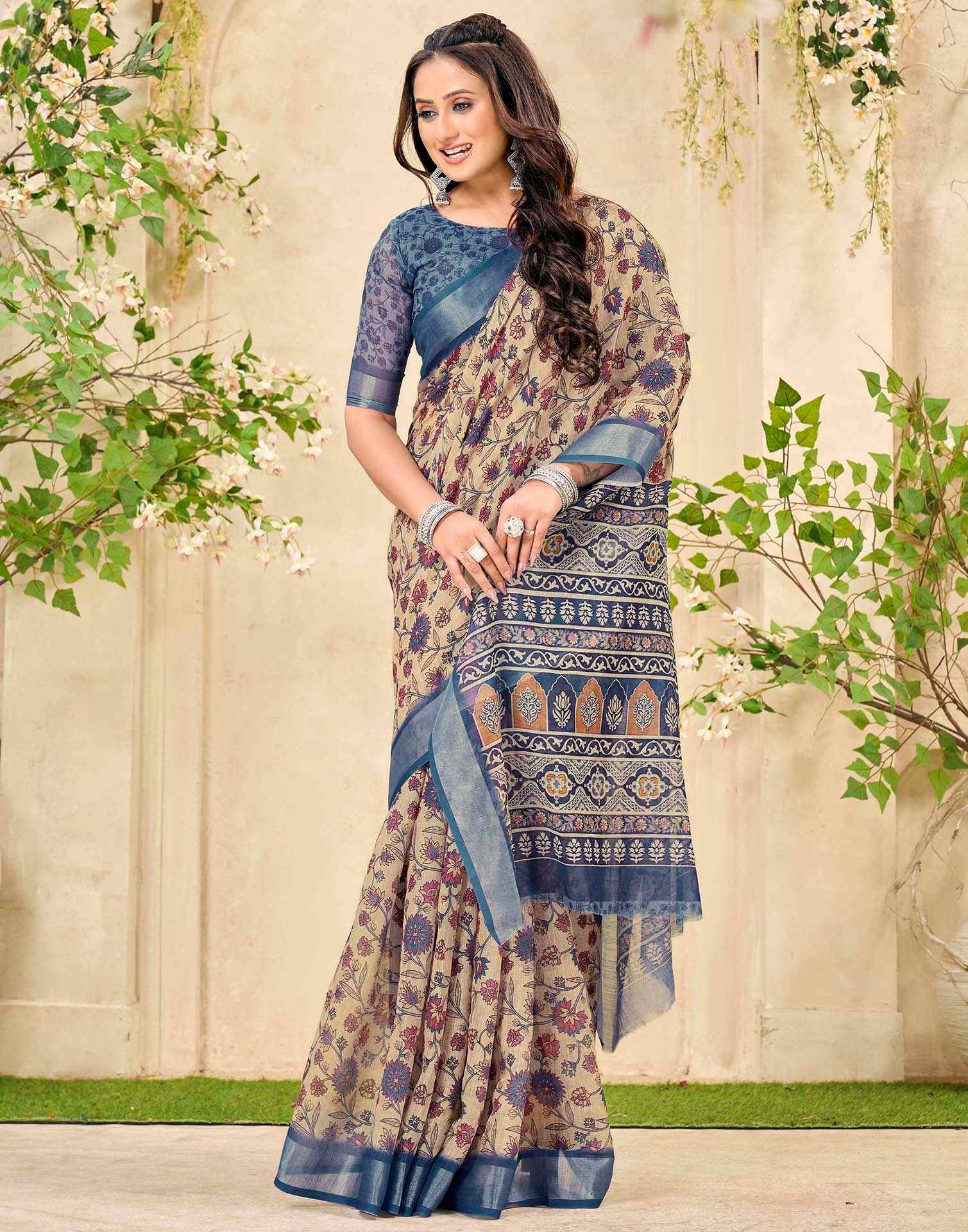 Beige Cotton Floral Printed Saree