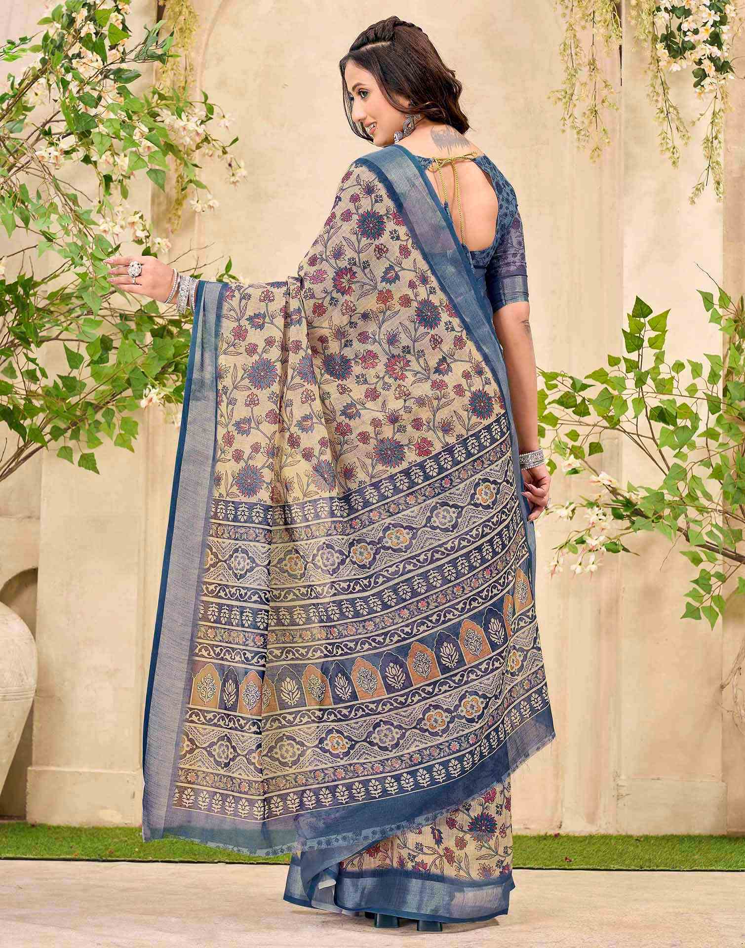 Beige Cotton Floral Printed Saree