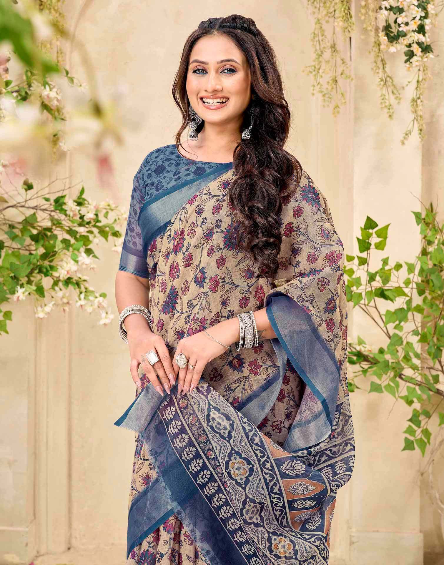 Beige Cotton Floral Printed Saree