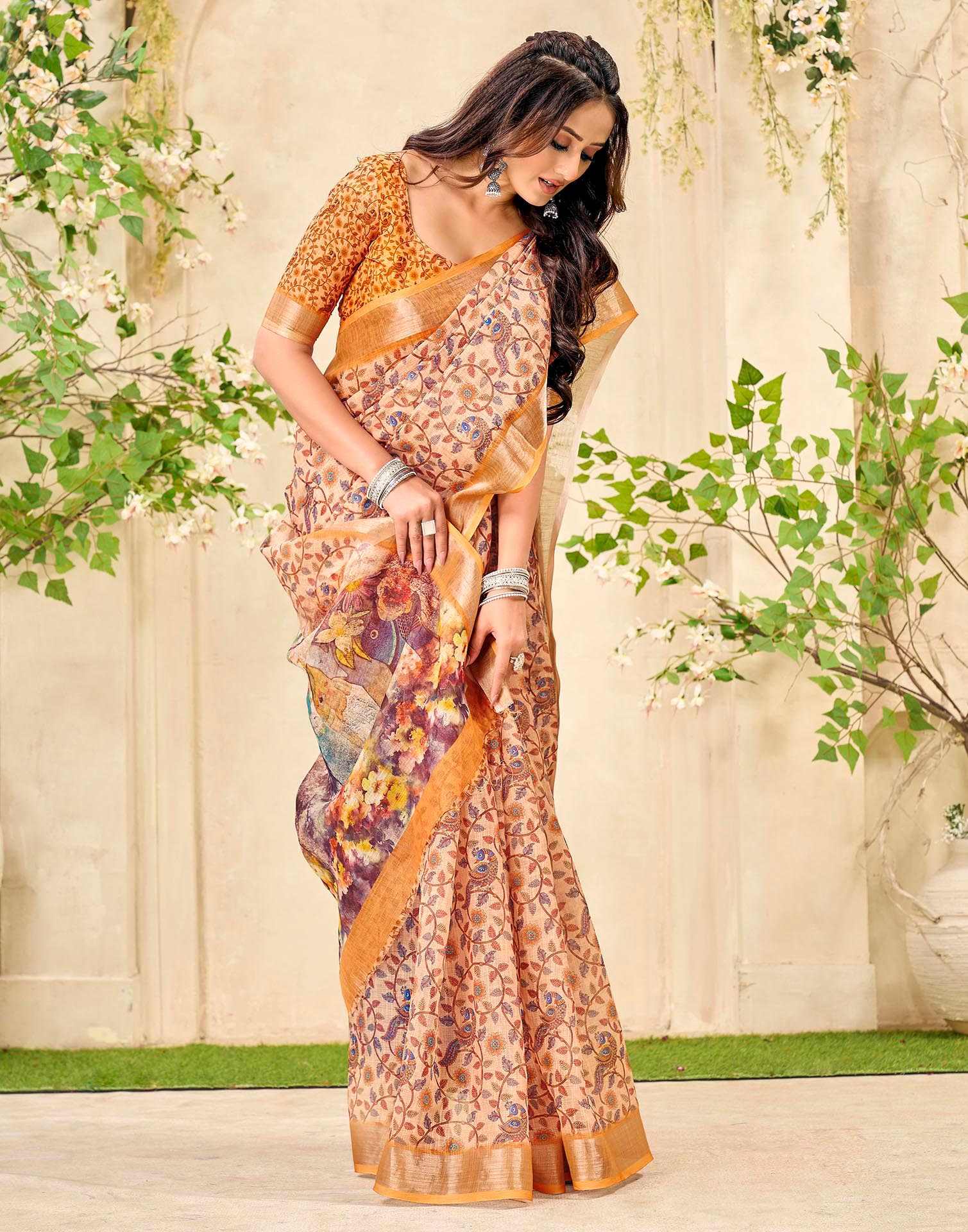 Peach Cotton Printed Saree