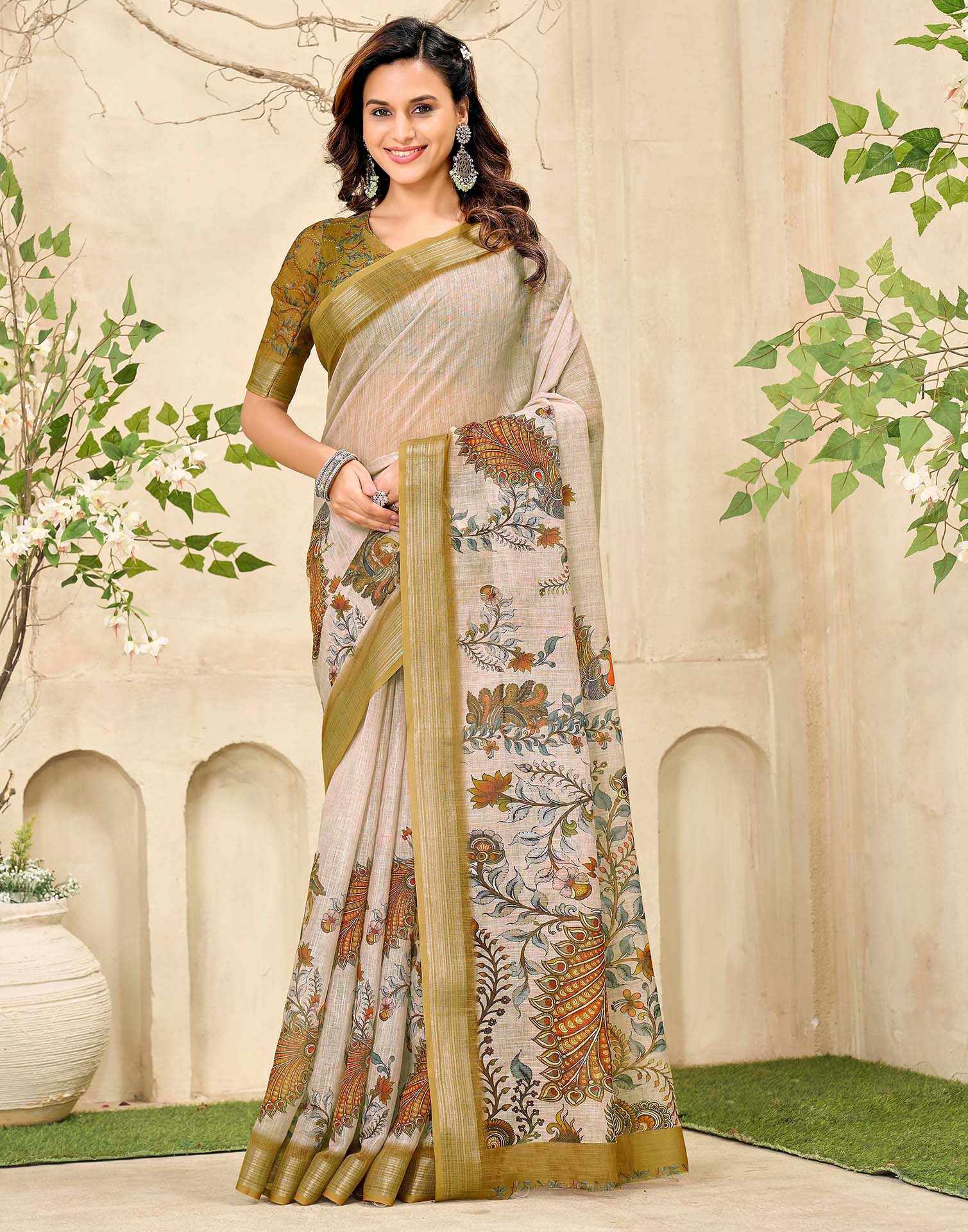 Beige Cotton Floral Printed Saree