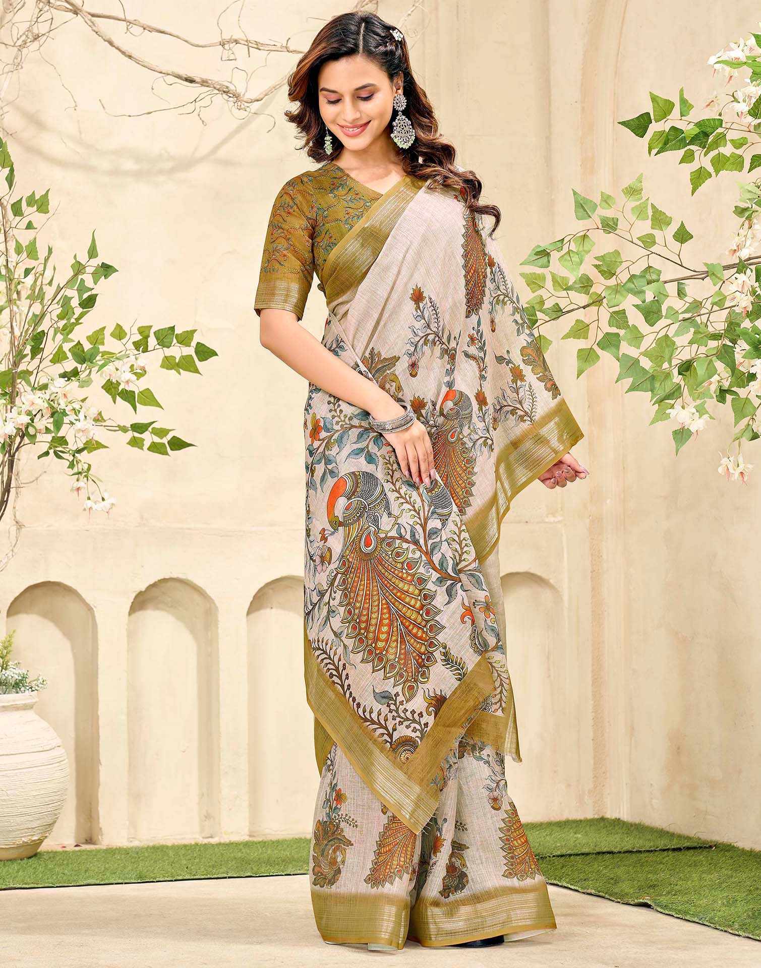 Beige Cotton Floral Printed Saree