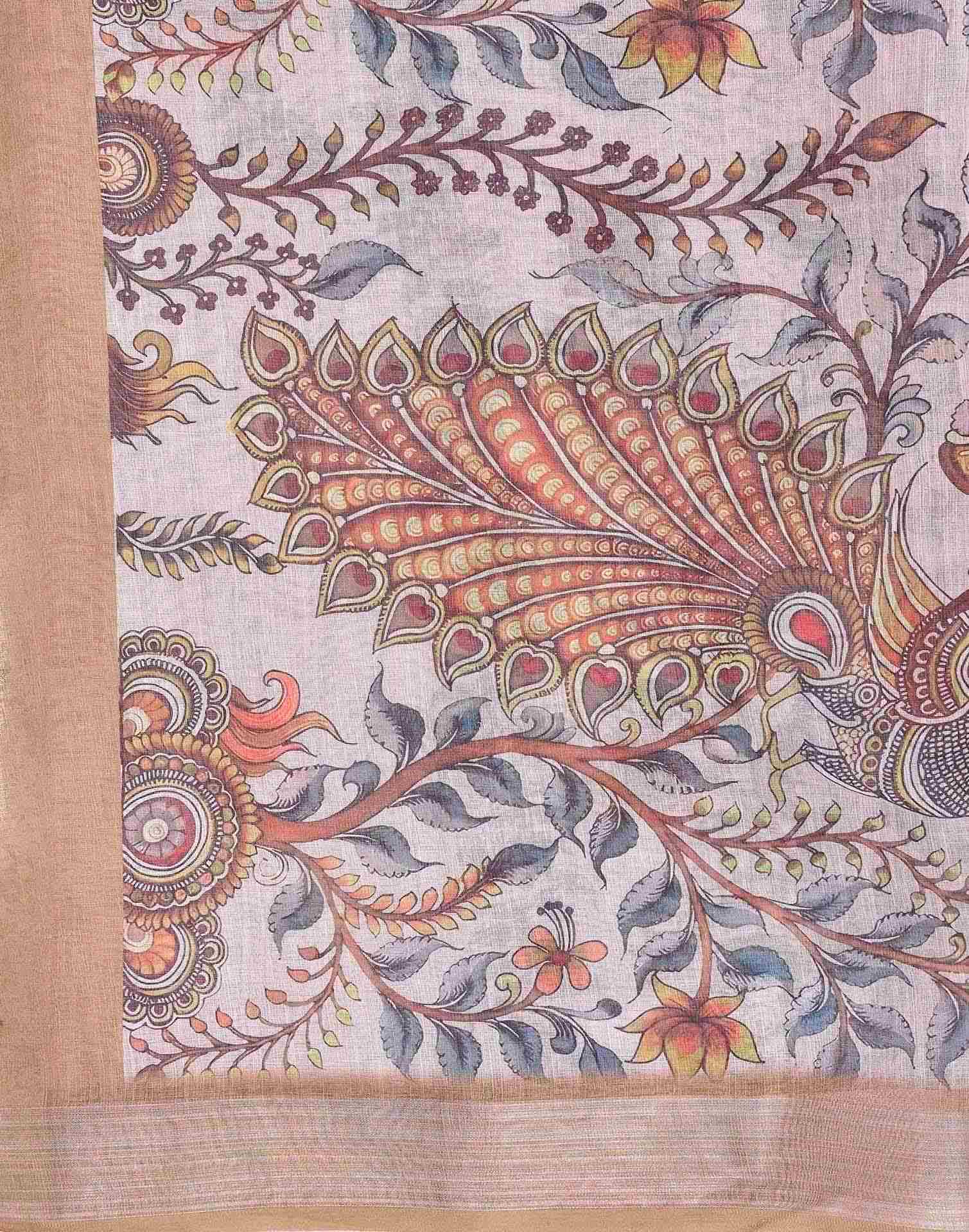 Beige Cotton Floral Printed Saree