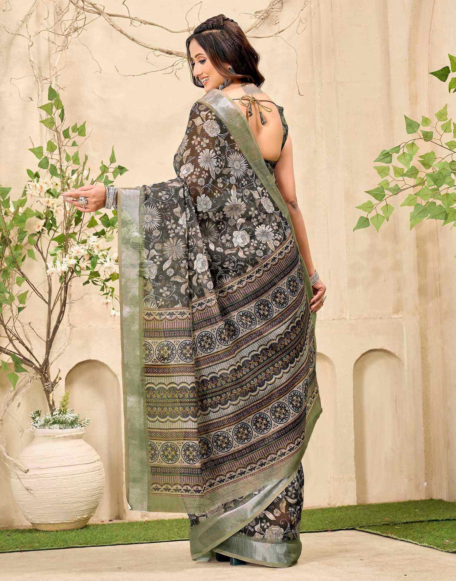 Grey Cotton Floral Printed Saree