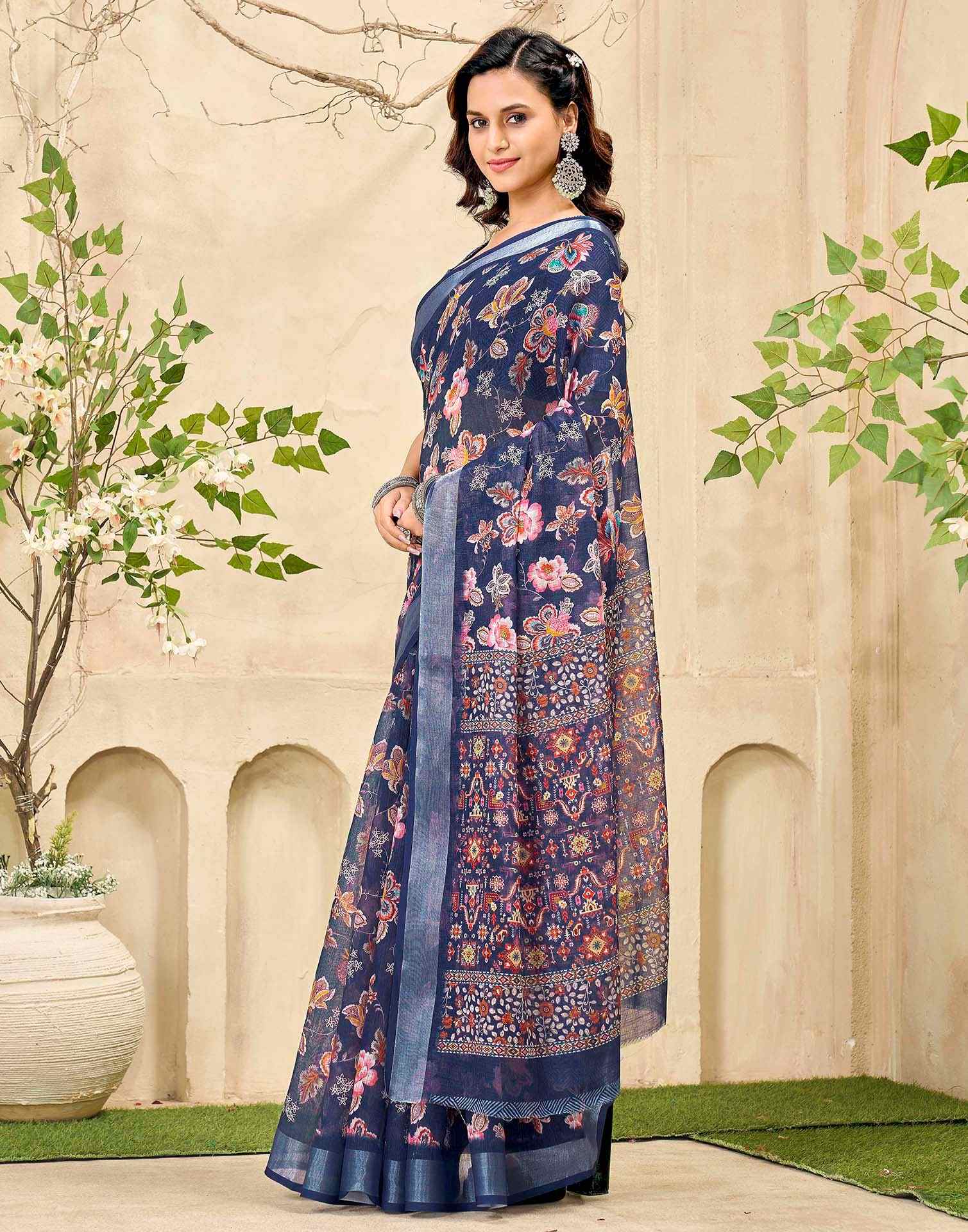 Navy Blue Cotton Floral Printed Saree