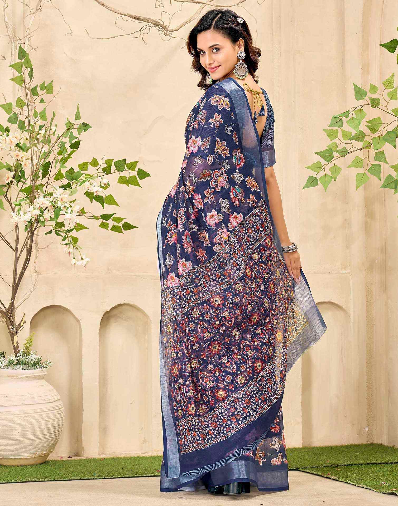 Navy Blue Cotton Floral Printed Saree