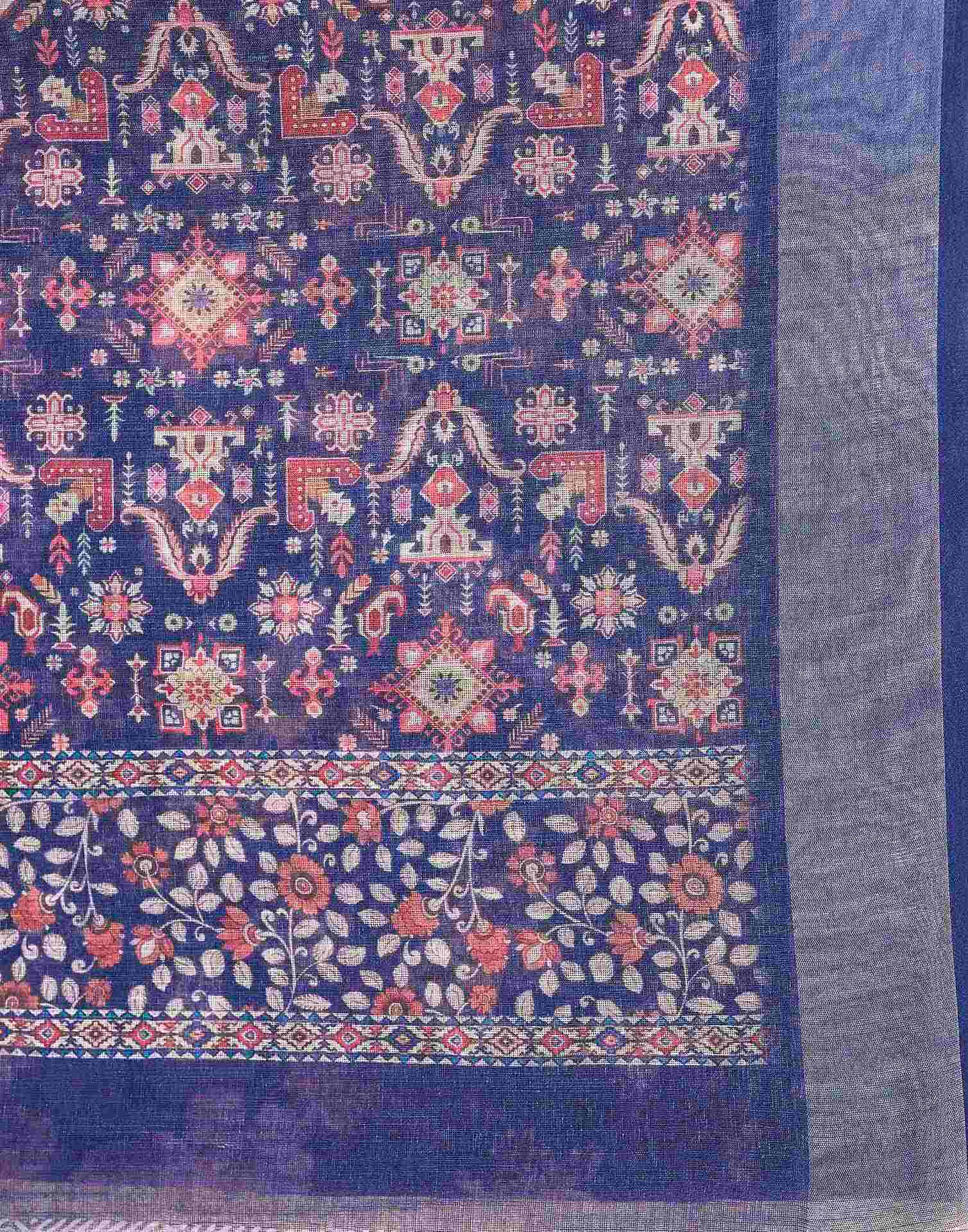 Navy Blue Cotton Floral Printed Saree
