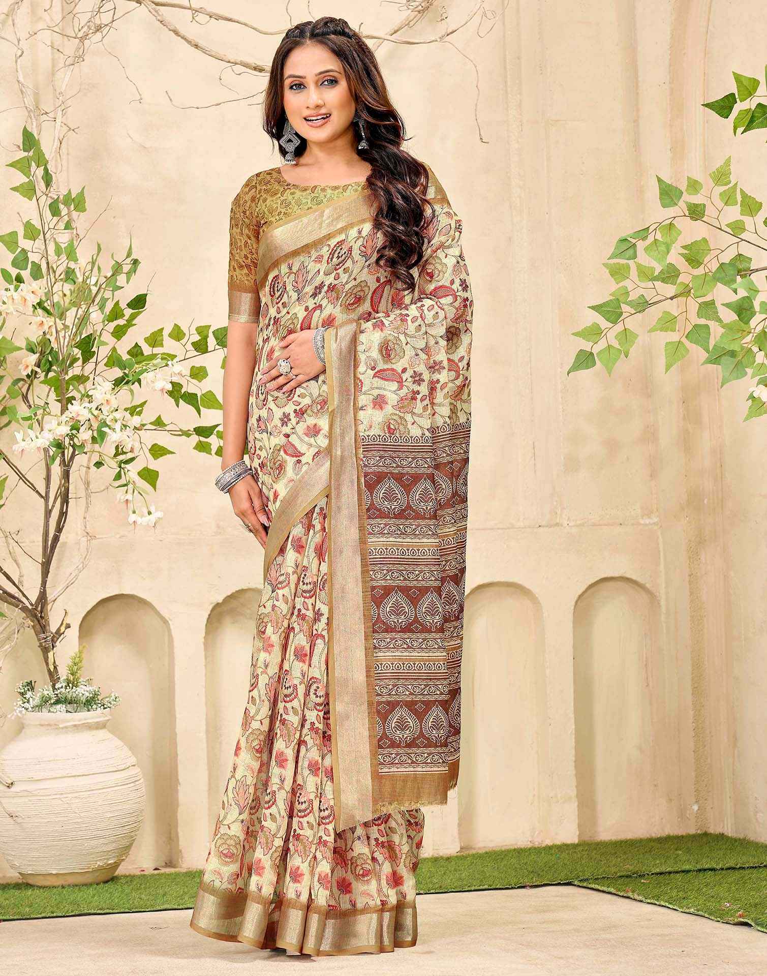 Beige Cotton Printed Saree