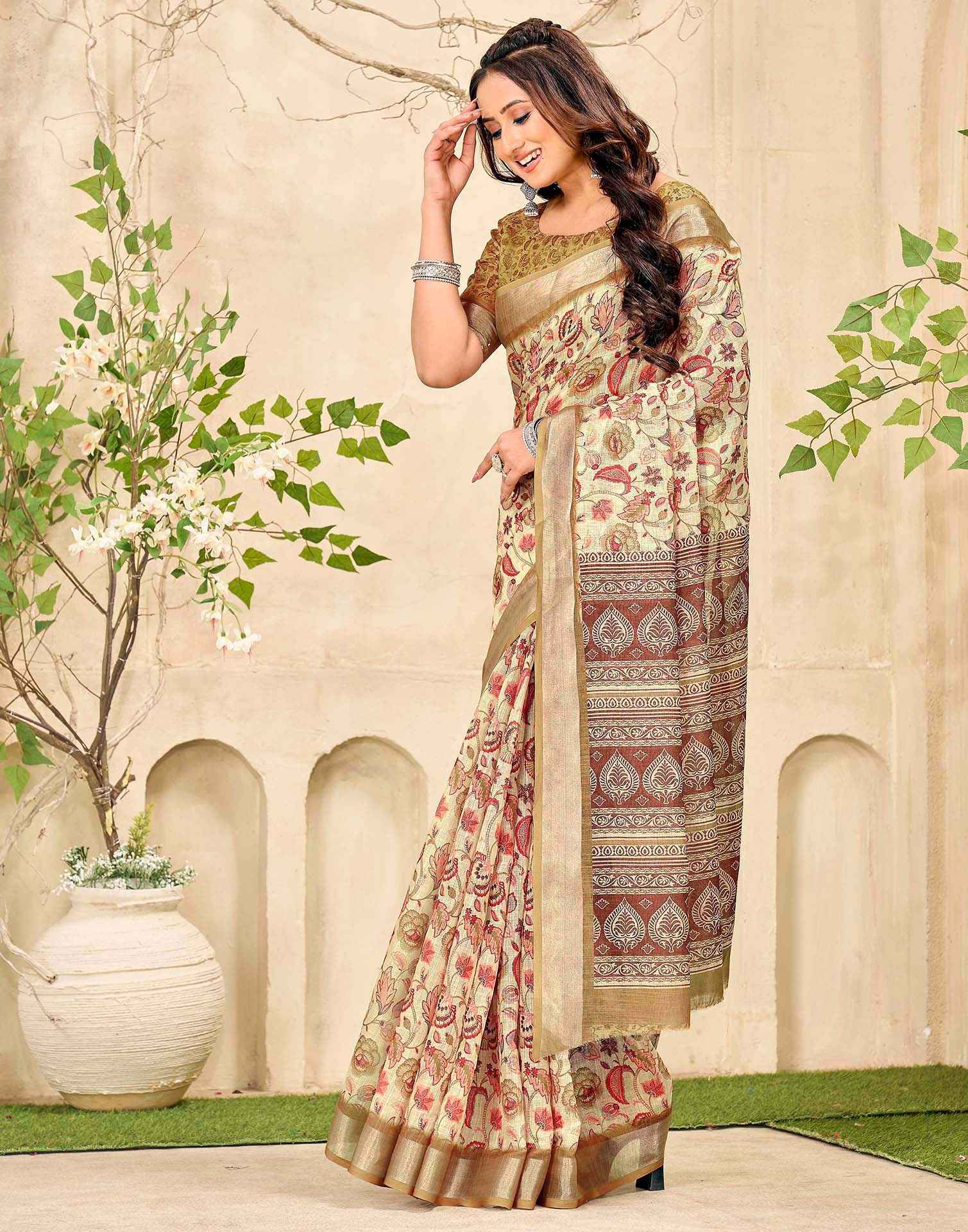 Beige Cotton Printed Saree