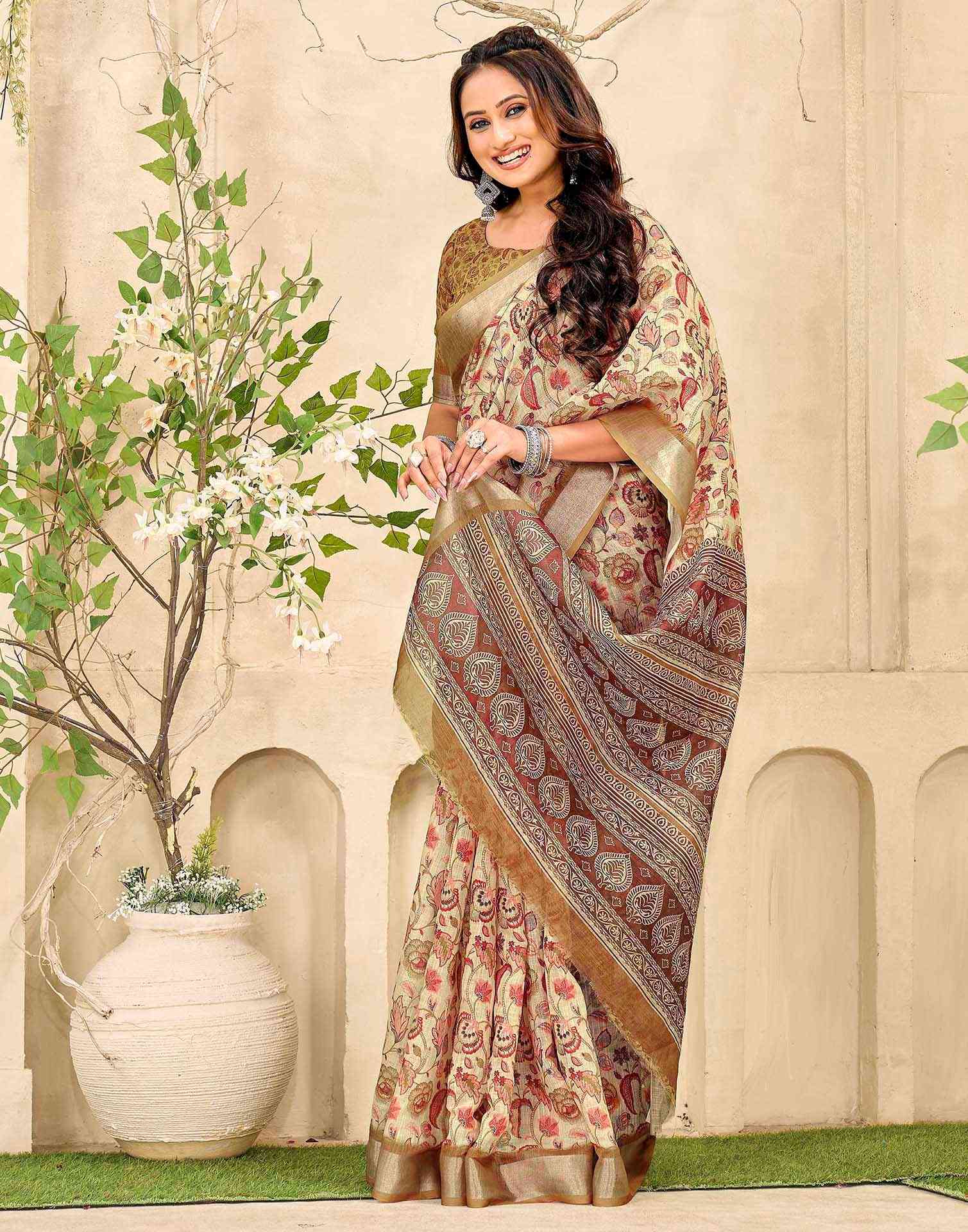 Beige Cotton Printed Saree