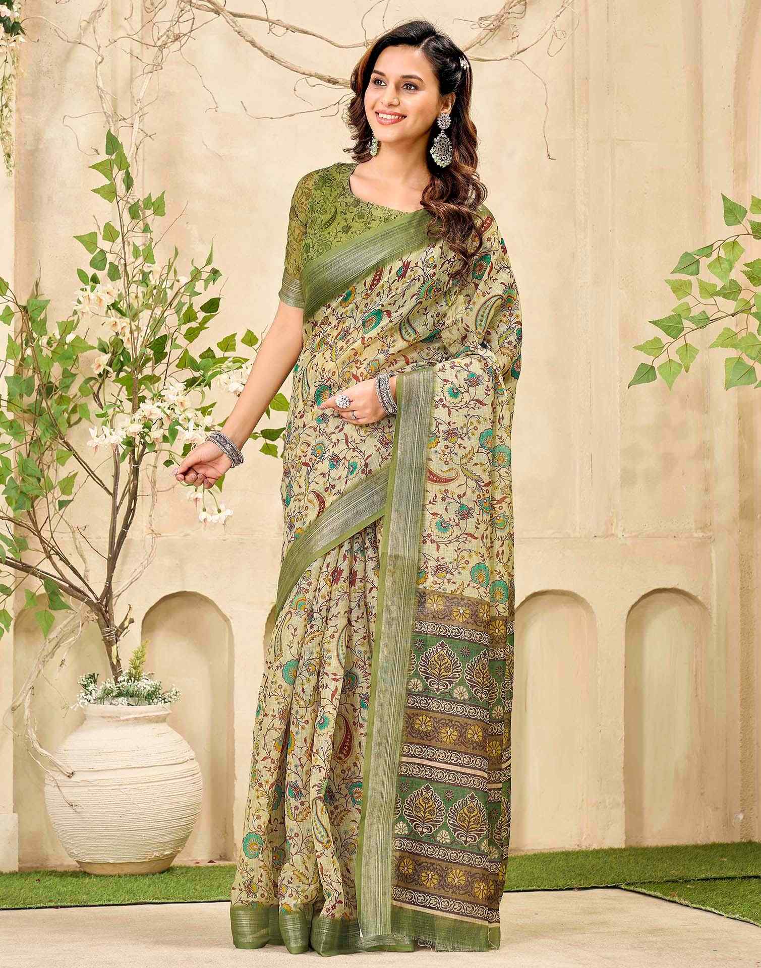 Dusty Pista Green Cotton Printed Saree