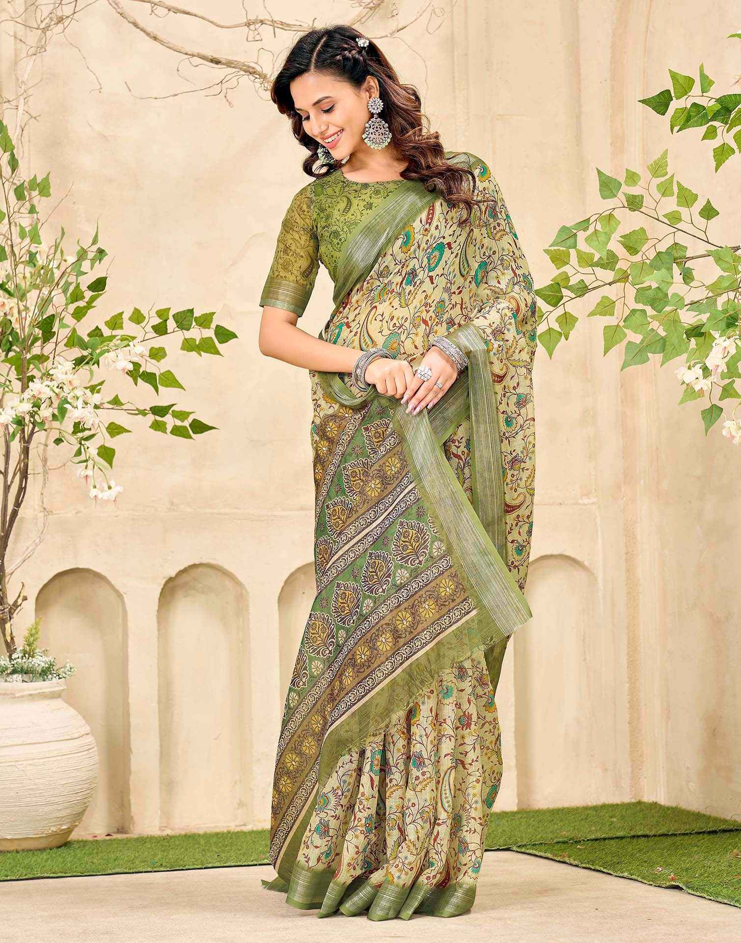 Dusty Pista Green Cotton Printed Saree