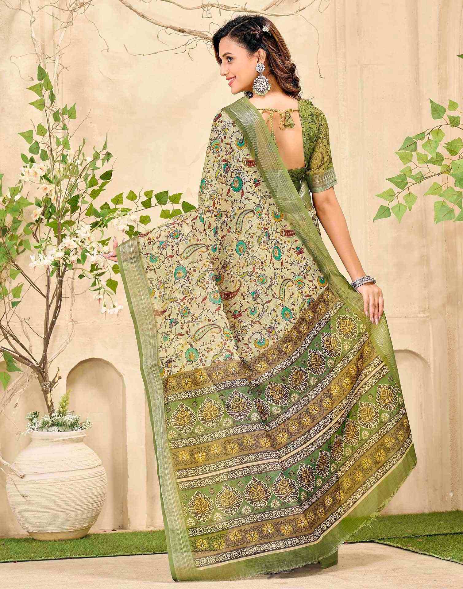Dusty Pista Green Cotton Printed Saree