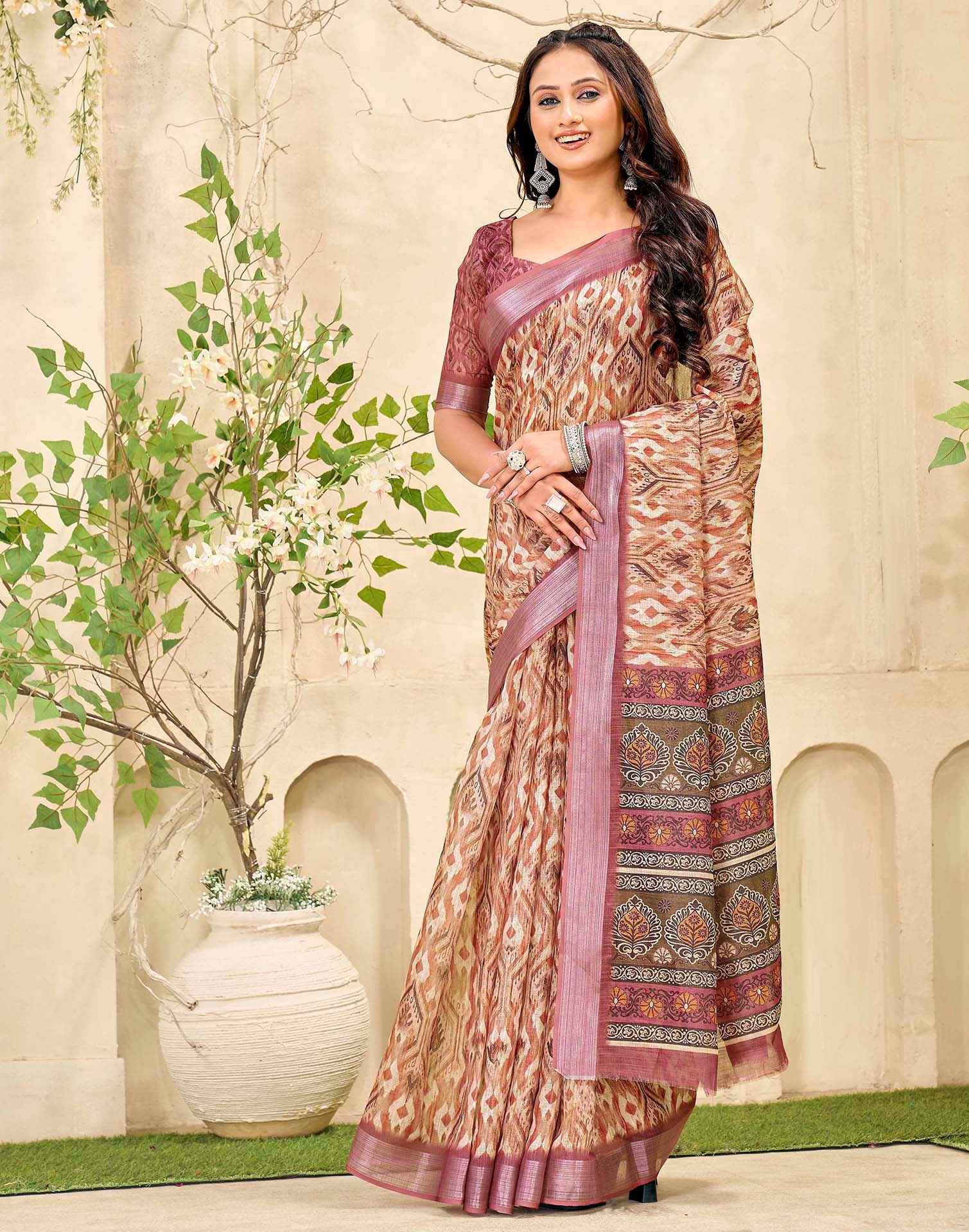 Peach Cotton Printed Saree