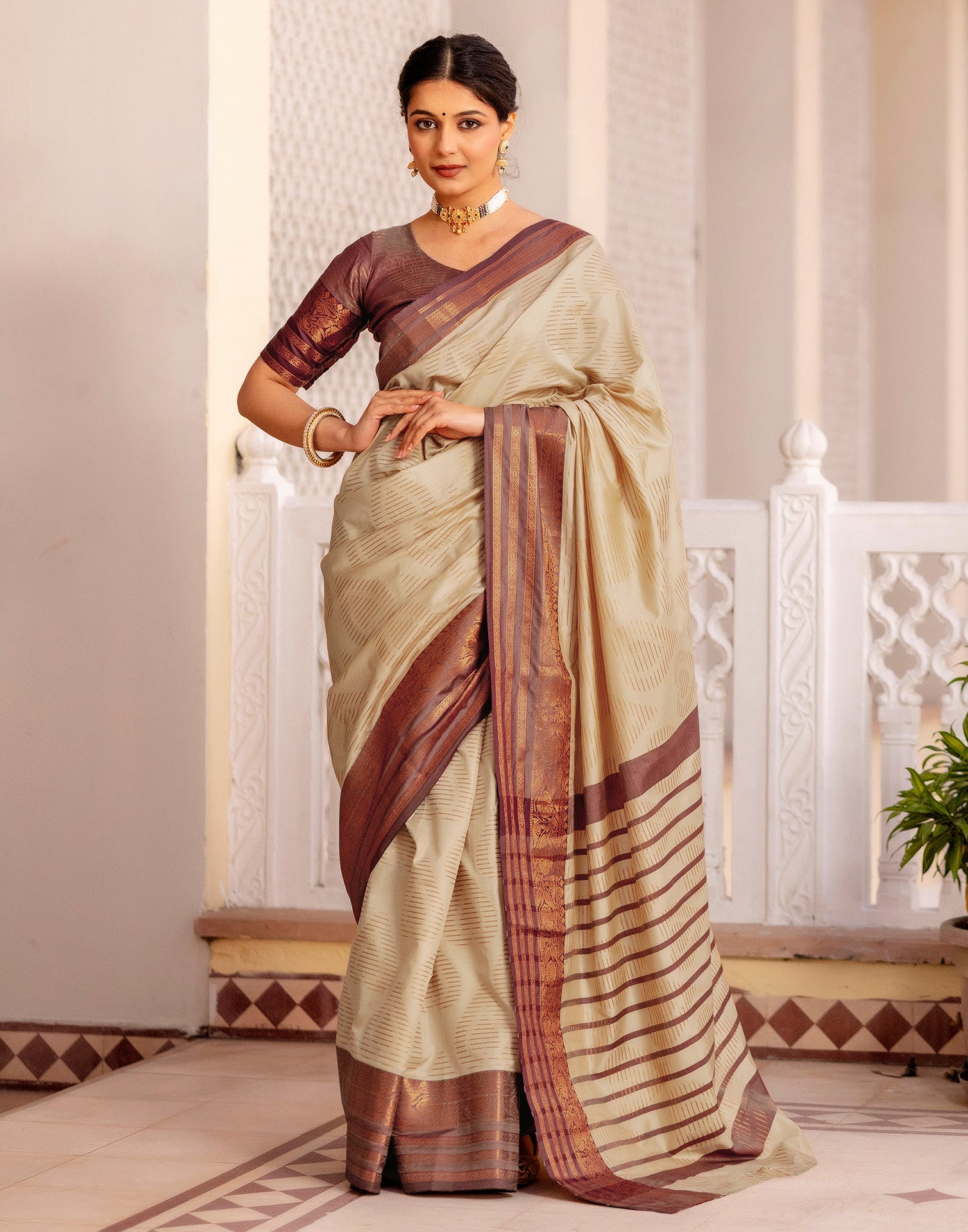 Beige Silk Woven Kanjivaram Saree