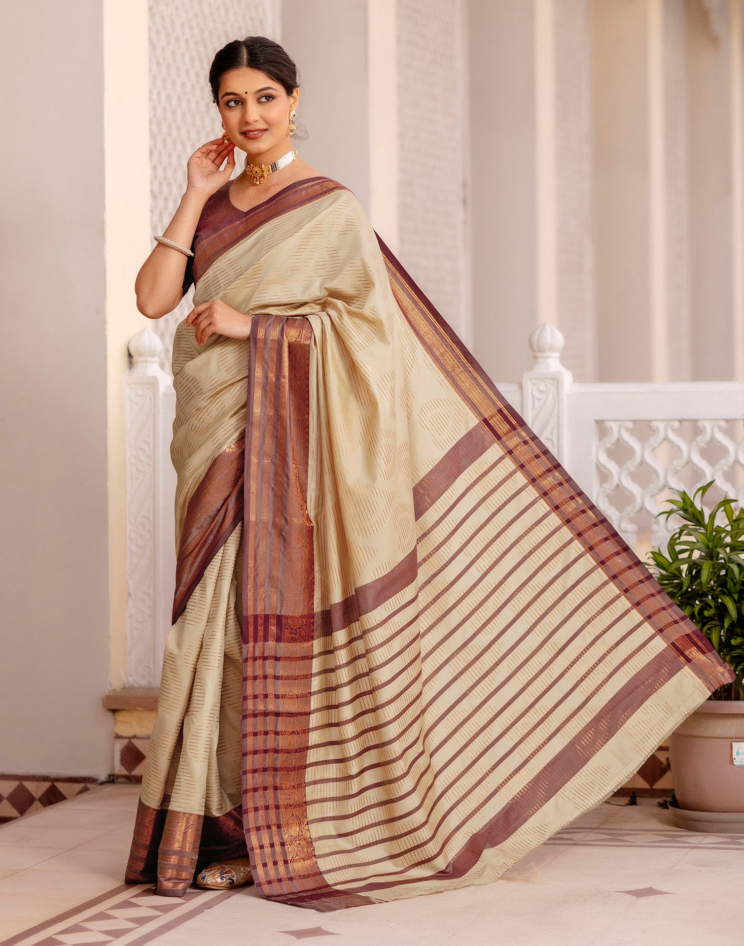 Beige Silk Woven Kanjivaram Saree