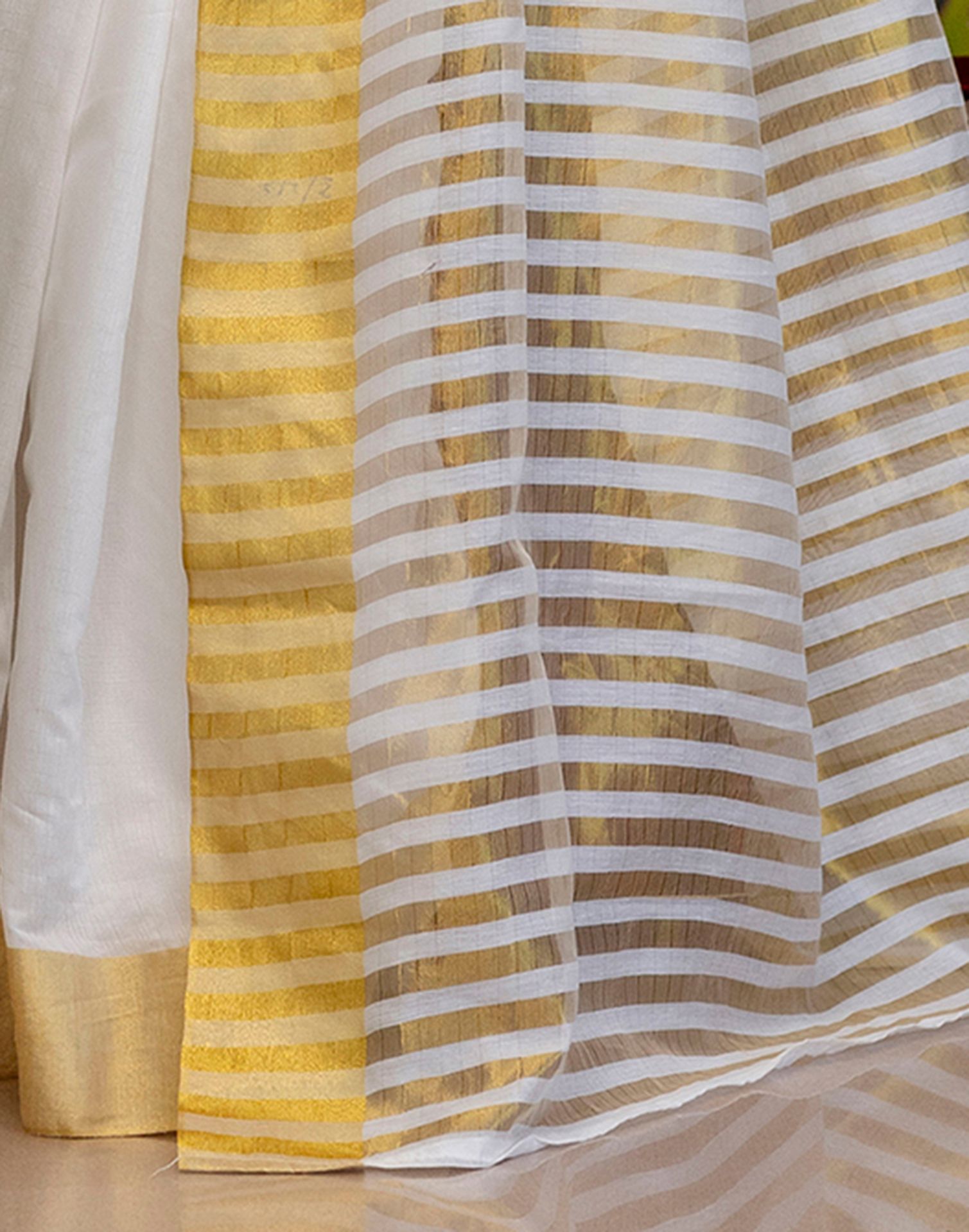 White Cotton Zari Stripe Kanjivaram Saree