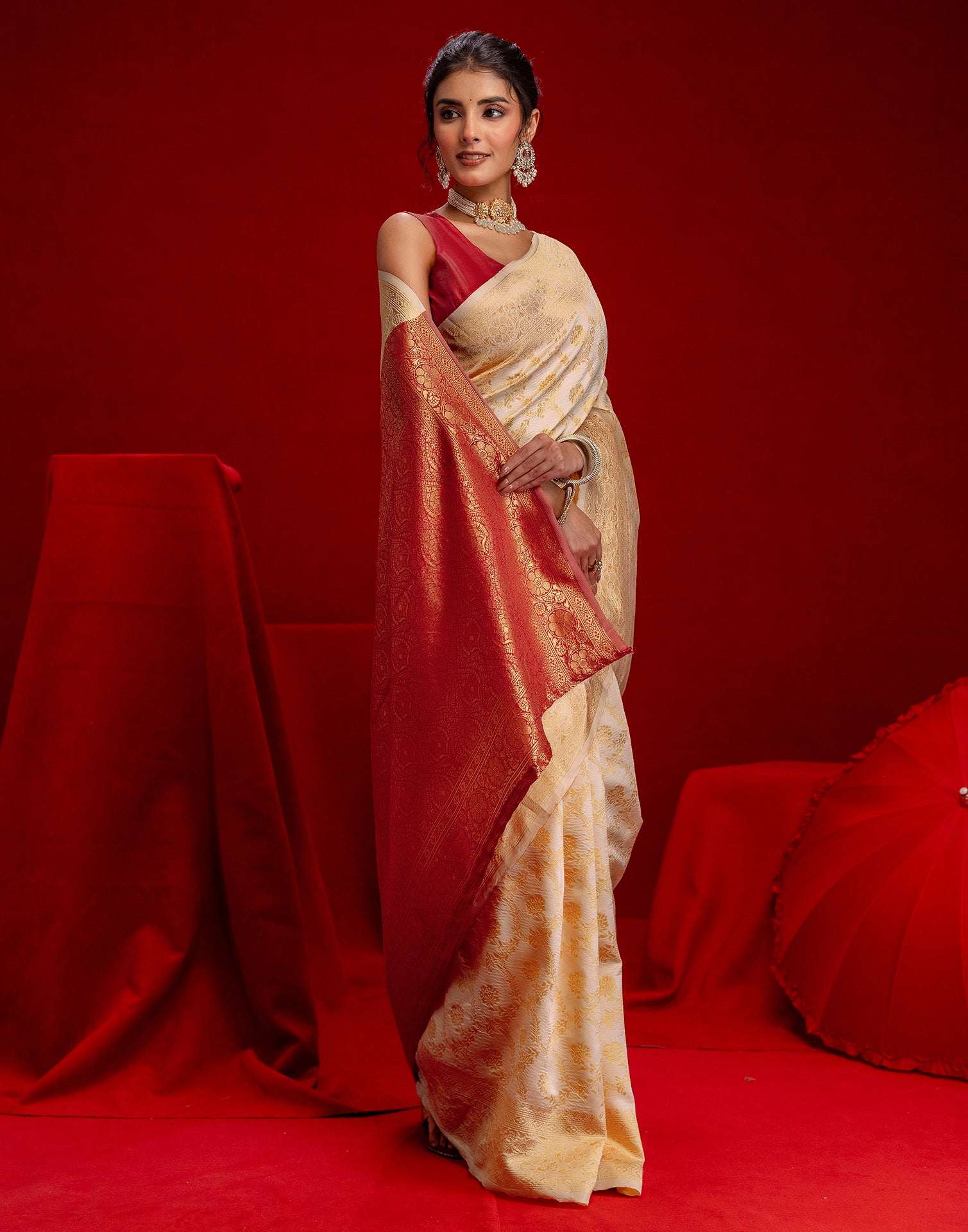 Cream Silk Woven Banarasi Saree