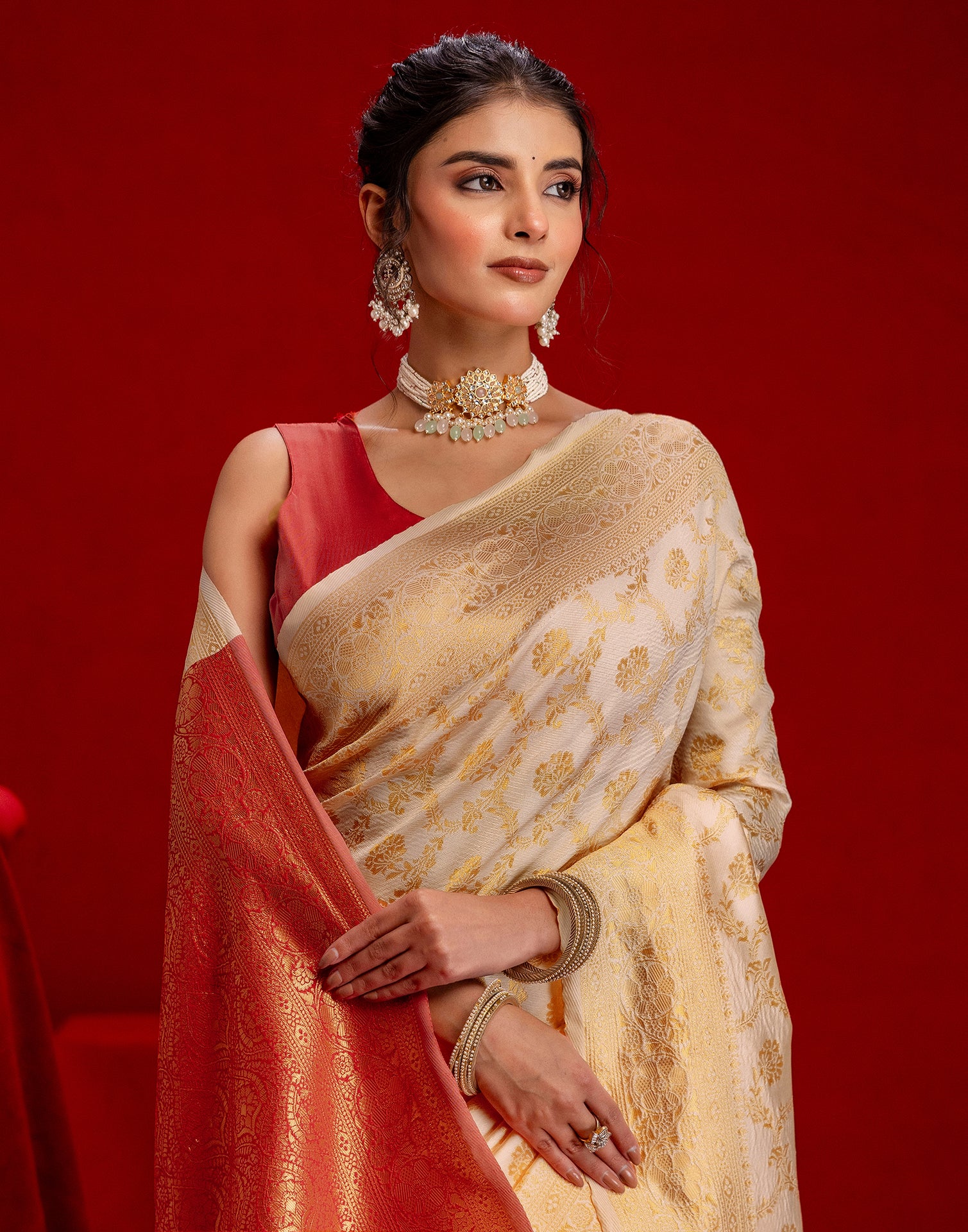 Cream Silk Woven Banarasi Saree