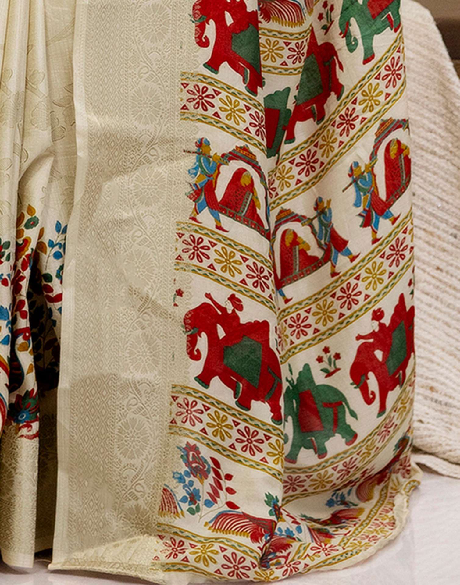 Beige Silk Printed Woven Saree