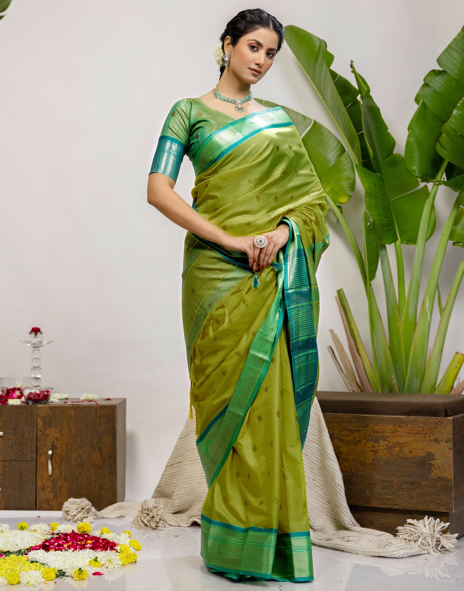 Lime Green Silk Woven Kanjivaram Saree