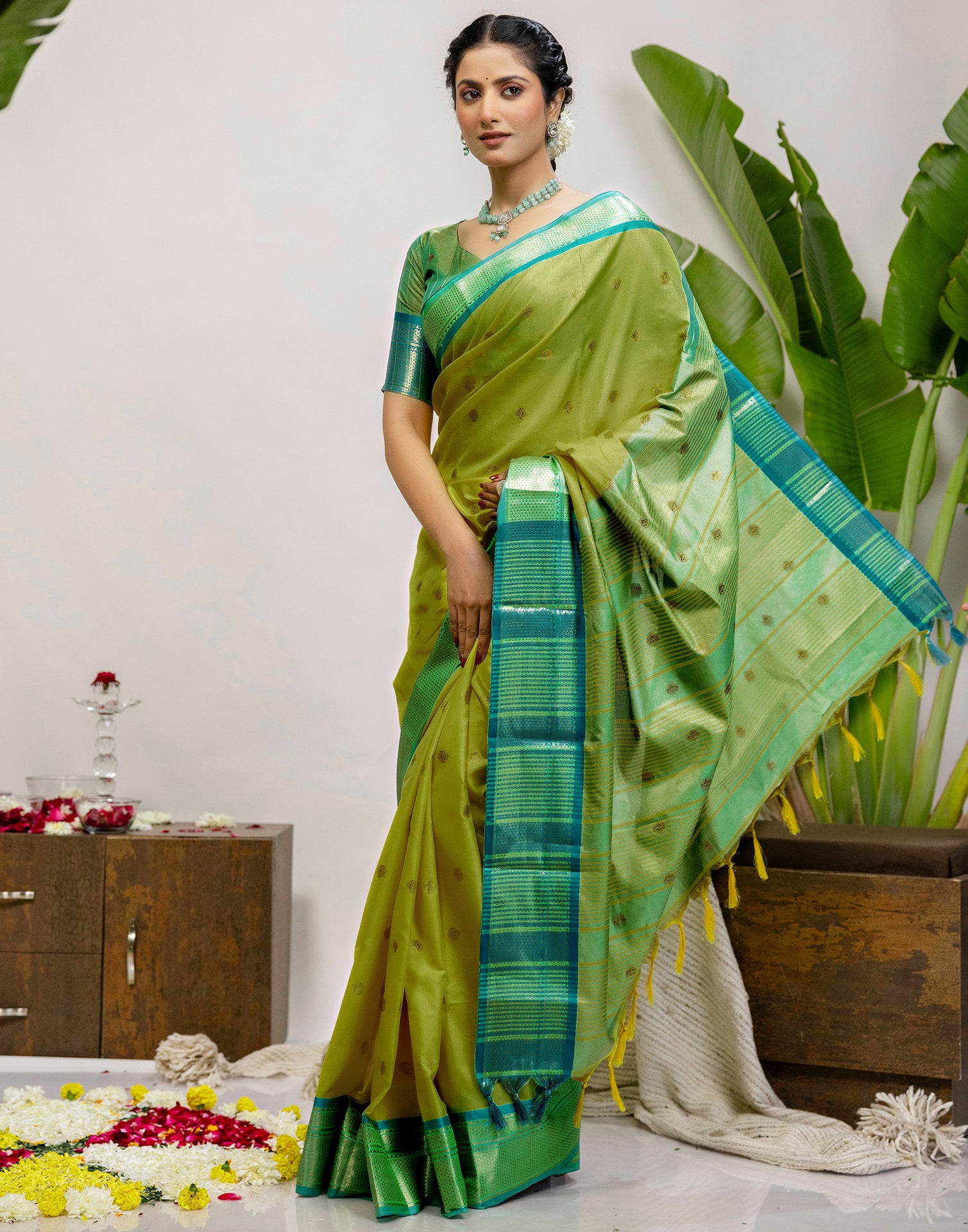 Lime Green Silk Woven Kanjivaram Saree