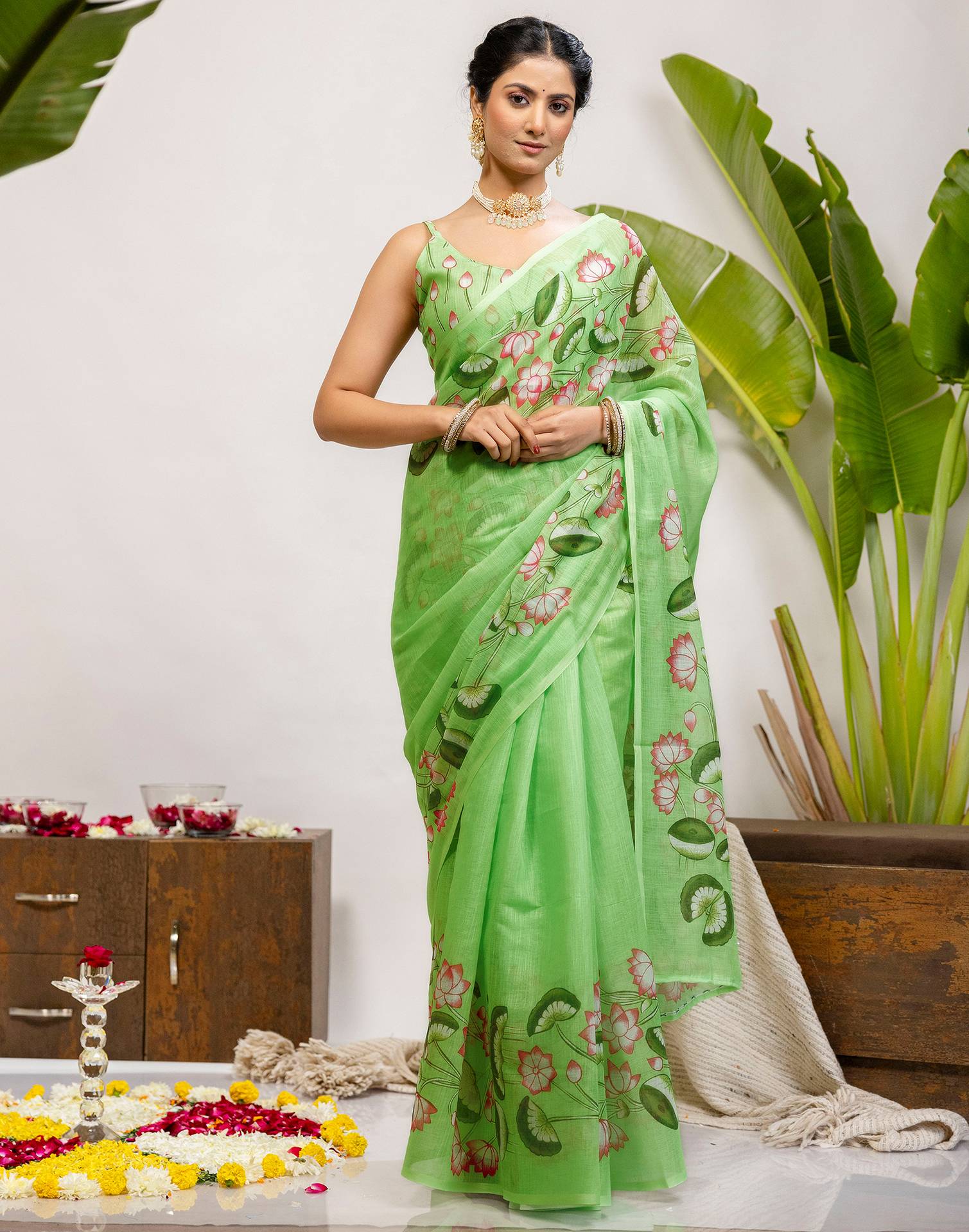 Light Green Cotton Floral Printed Saree