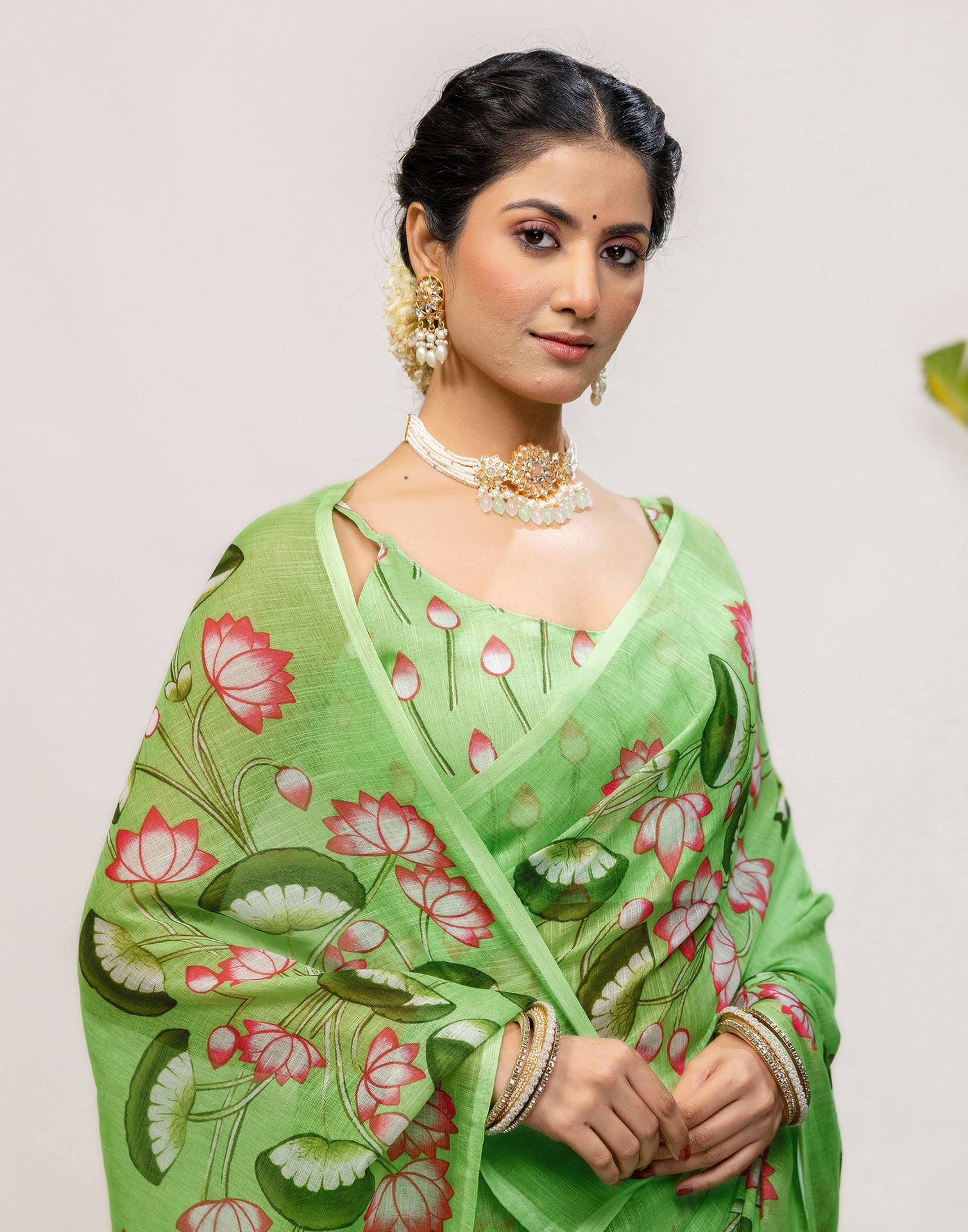 Light Green Cotton Floral Printed Saree